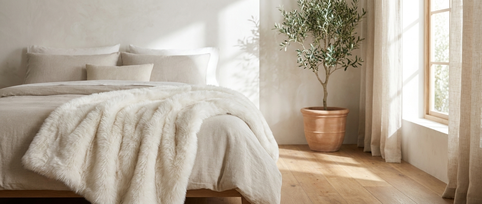 Ivory white Carezza Sontuosa faux fur throw draped across a bed in a bright airy bedroom