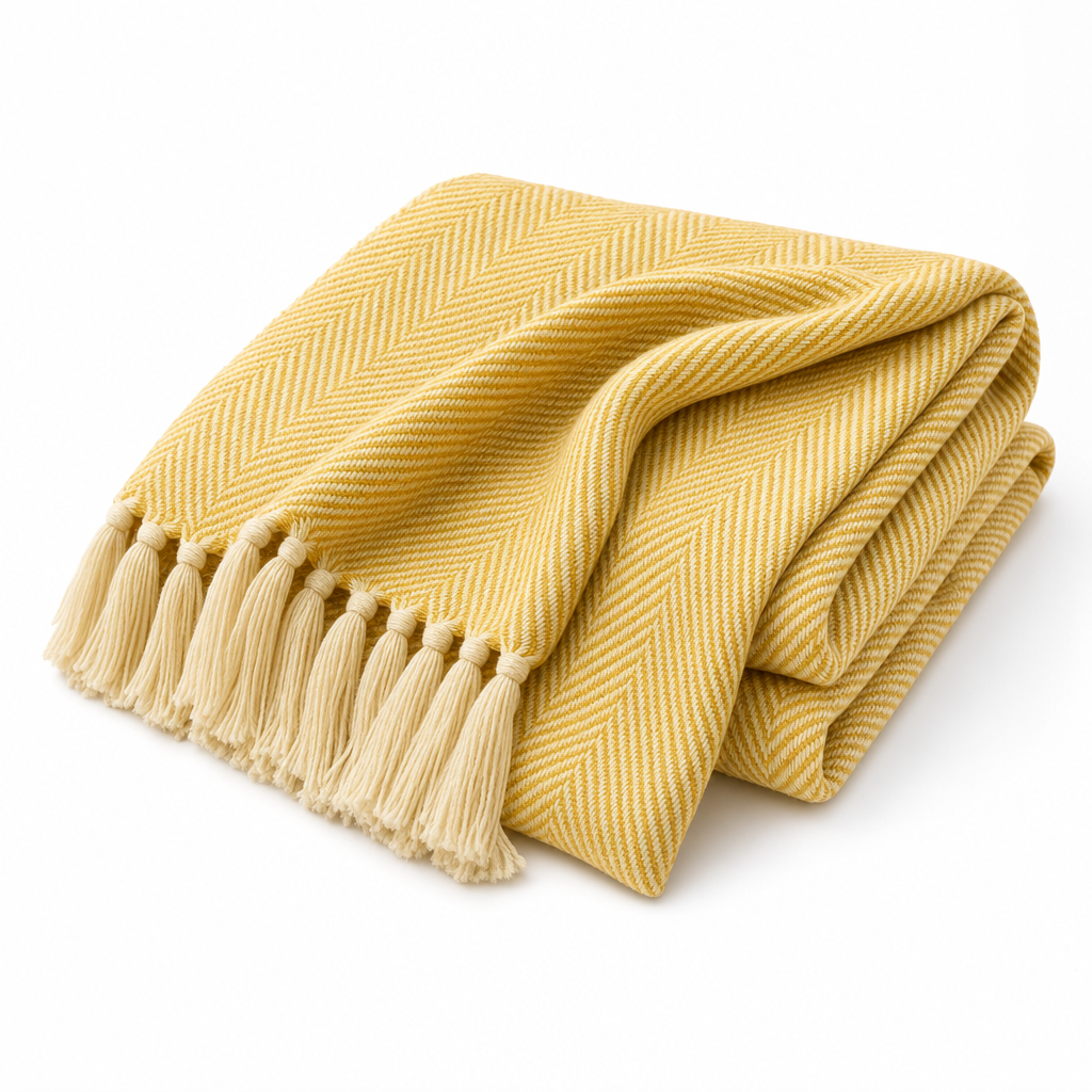 Brezza Marina woven throw blanket in mustard yellow, folded on white