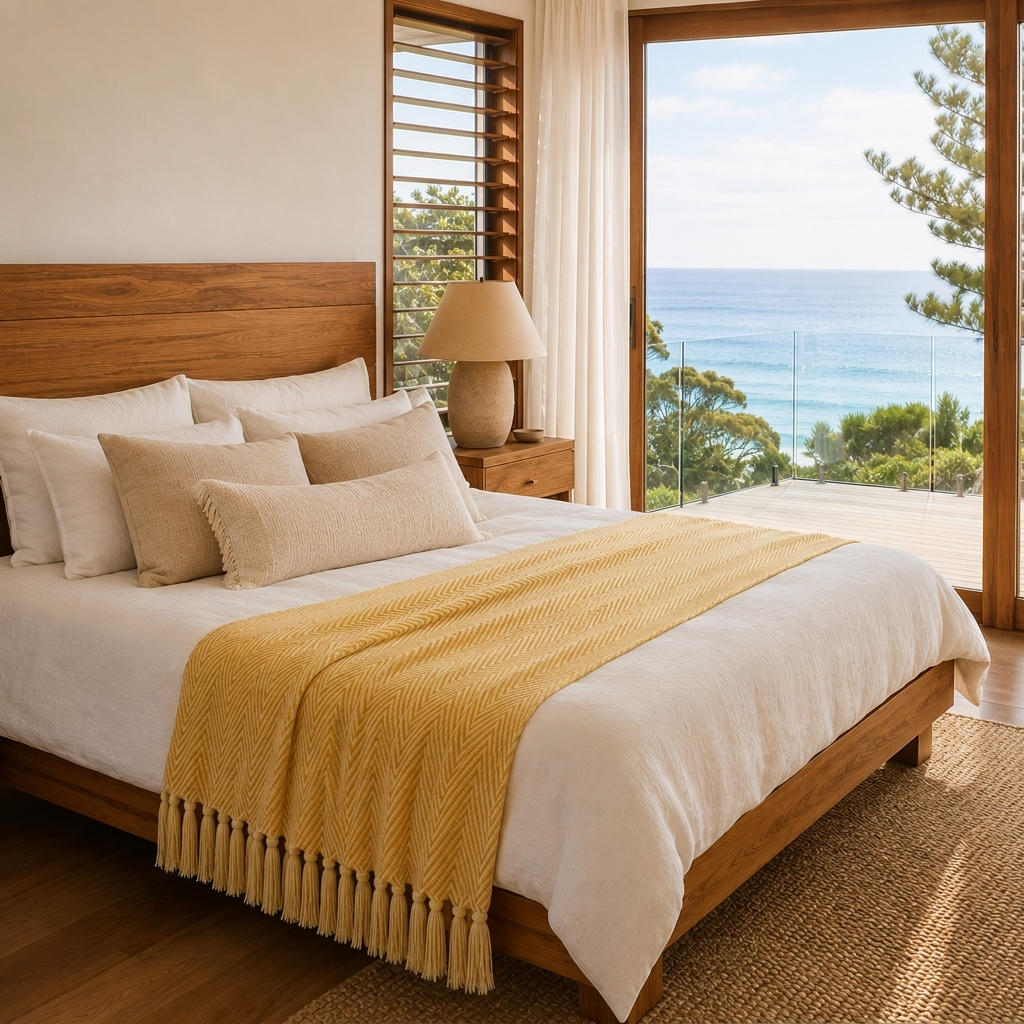 Mustard yellow Brezza Marina woven throw layered across a bed in a bright coastal bedroom
