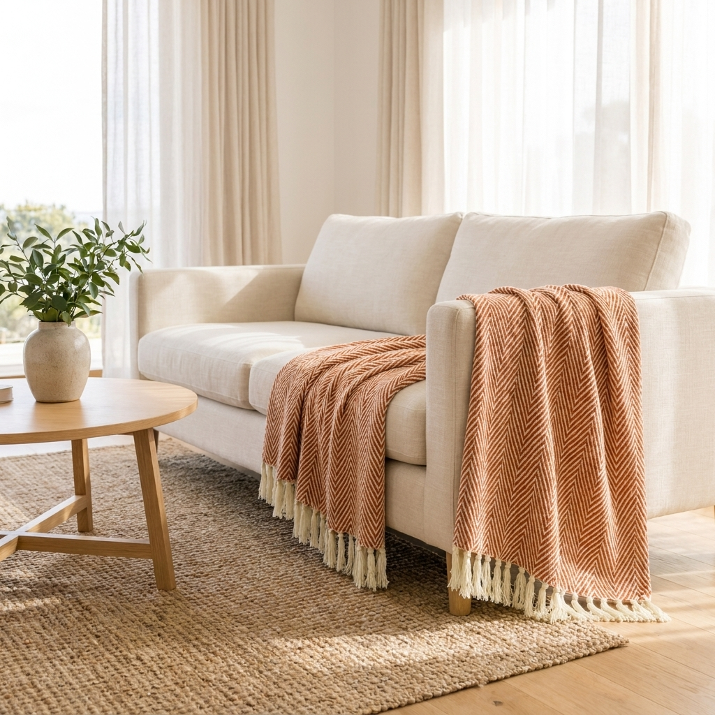 Terracotta orange Brezza Marina woven throw draped over a cream sofa in a bright living room