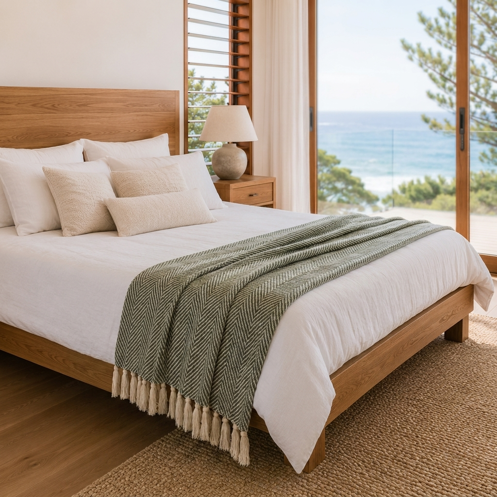 Sage green Brezza Marina woven throw folded across a bed in a bright coastal bedroom