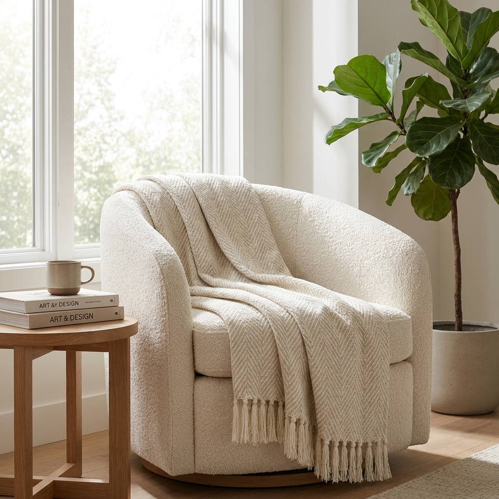Natural beige Brezza Marina woven throw over a reading armchair in a bright nook