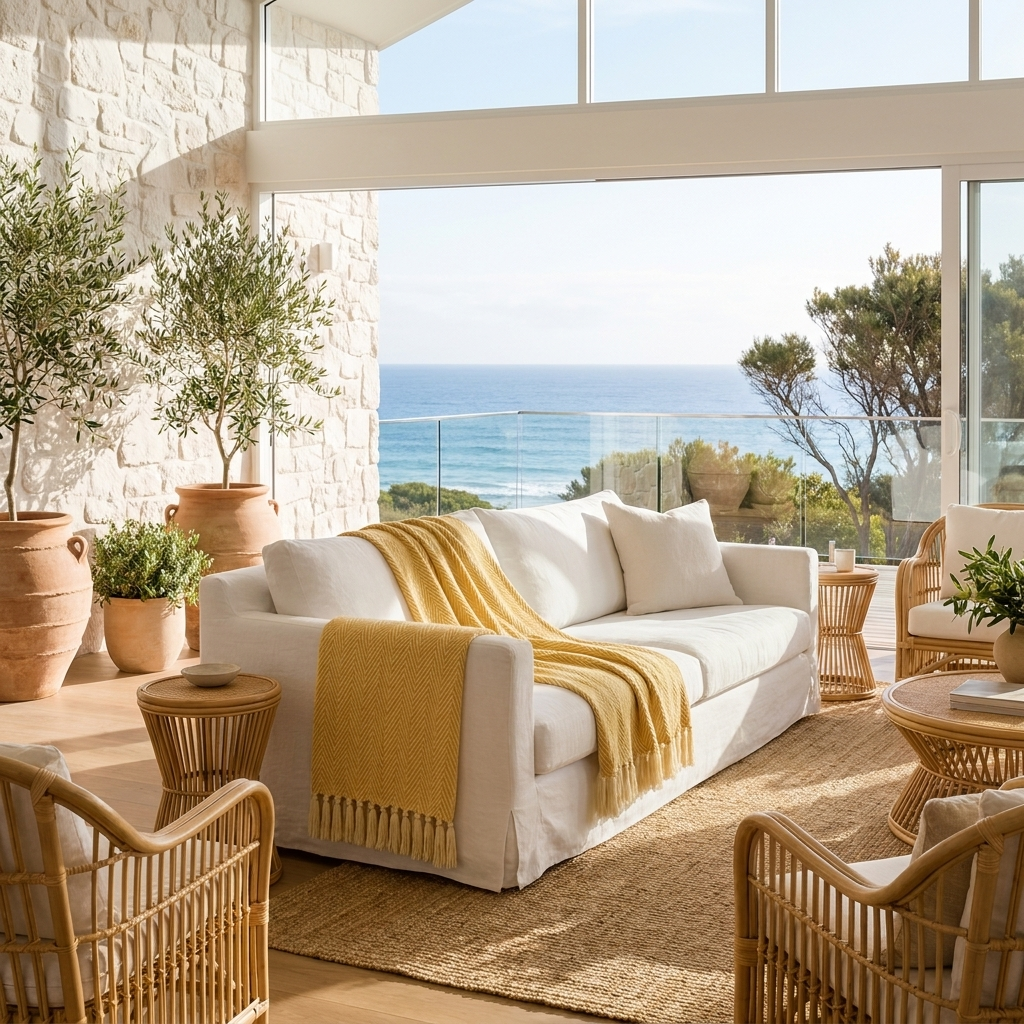 Mustard yellow Brezza Marina woven throw draped over a sofa in a bright coastal living room