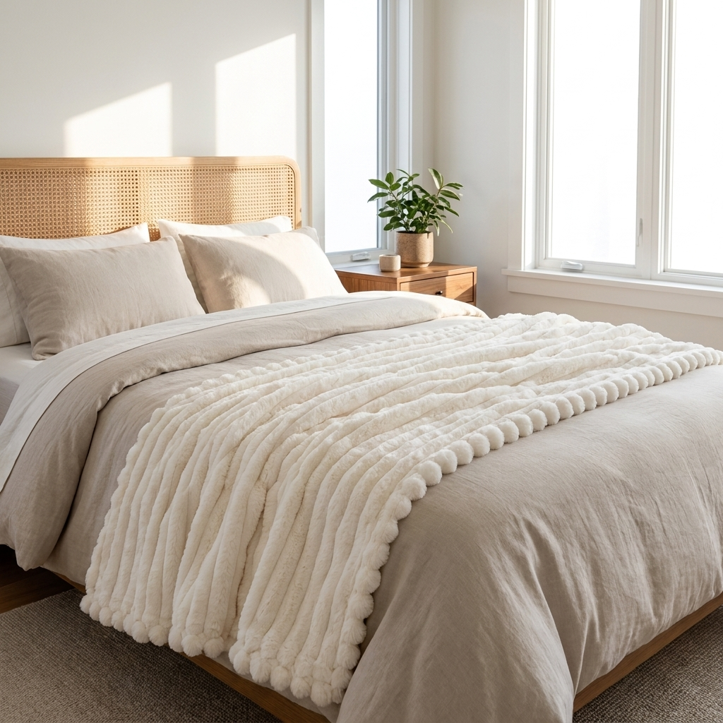 Ivory white Piuma Reale plush throw layered on a bed in a bright bedroom