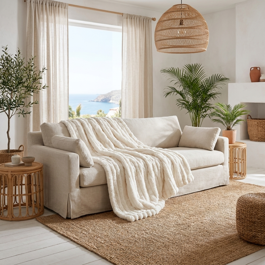 Ivory white Piuma Reale plush throw draped over a sofa in a coastal living room