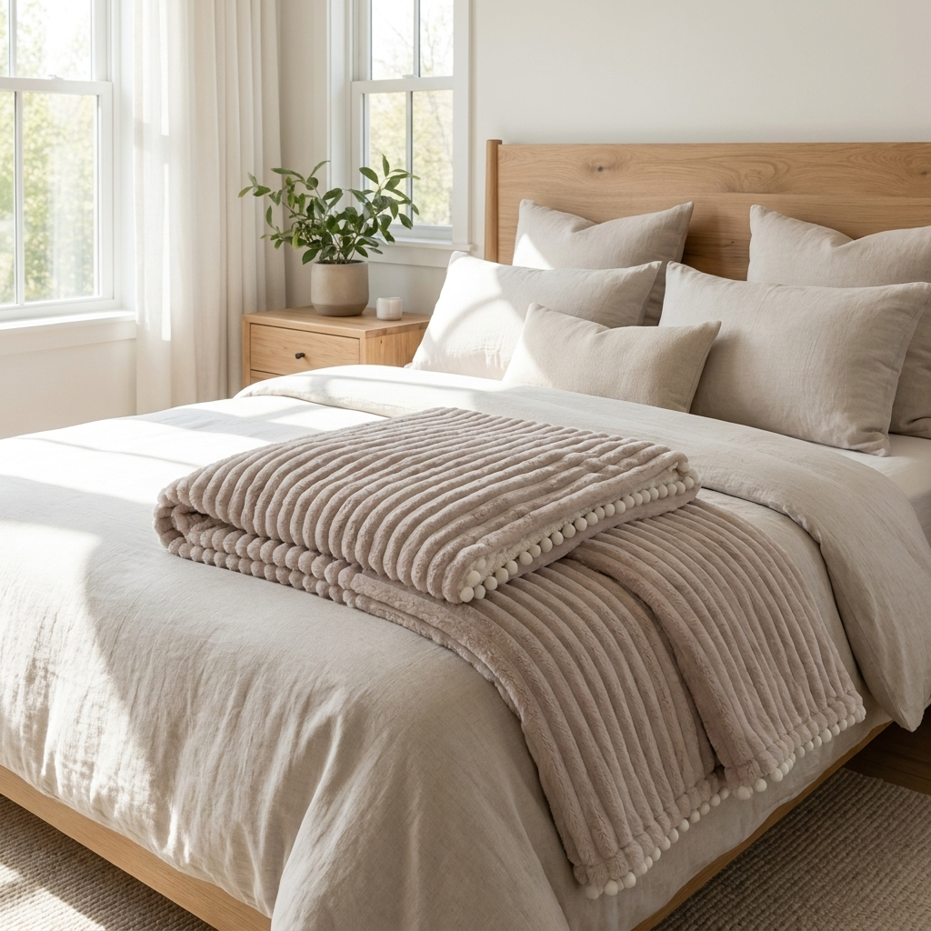 Light brown Piuma Reale plush throw folded across a bed in a bright bedroom