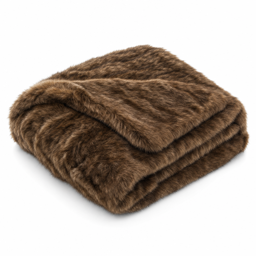 Volpe Nobile faux fox fur throw blanket in dark brown, folded