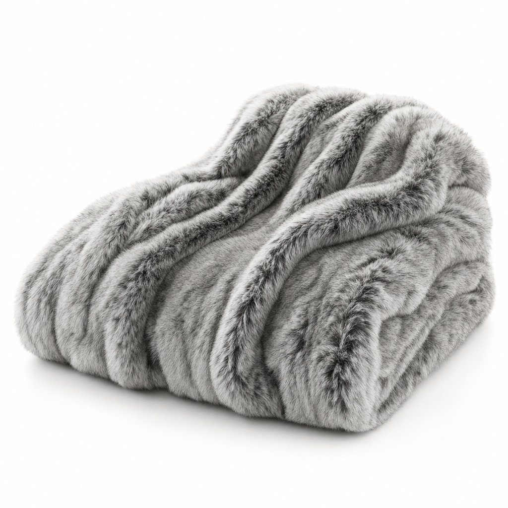 Volpe Nobile faux fox fur throw blanket in grey, folded