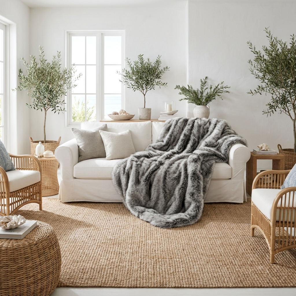 Grey faux fox fur throw over a slipcovered sofa in a coastal living room