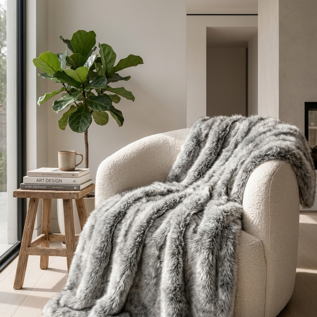 Grey faux fox fur throw over a boucle reading armchair