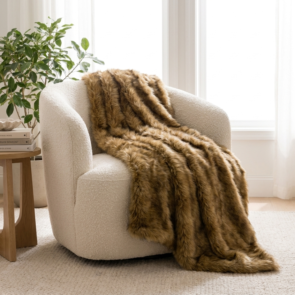 Dark brown faux fox fur throw over a boucle armchair by a window