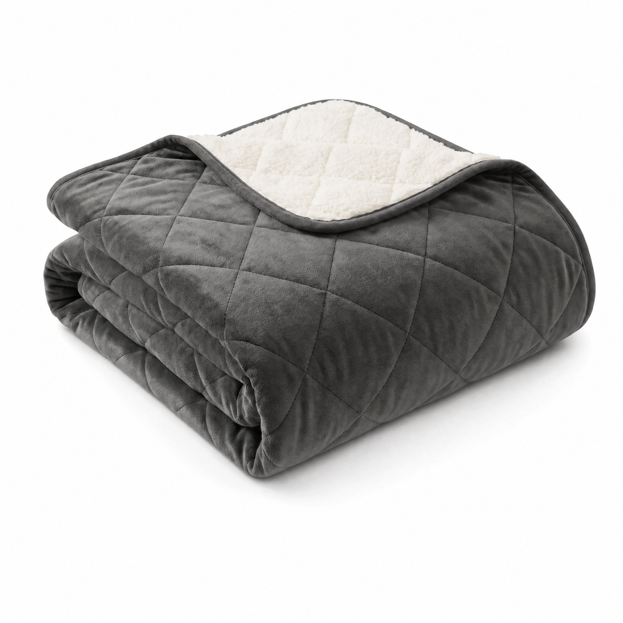 Quiete Notturna weighted sherpa blanket in Antracite charcoal, reversible velvet and sherpa, studio