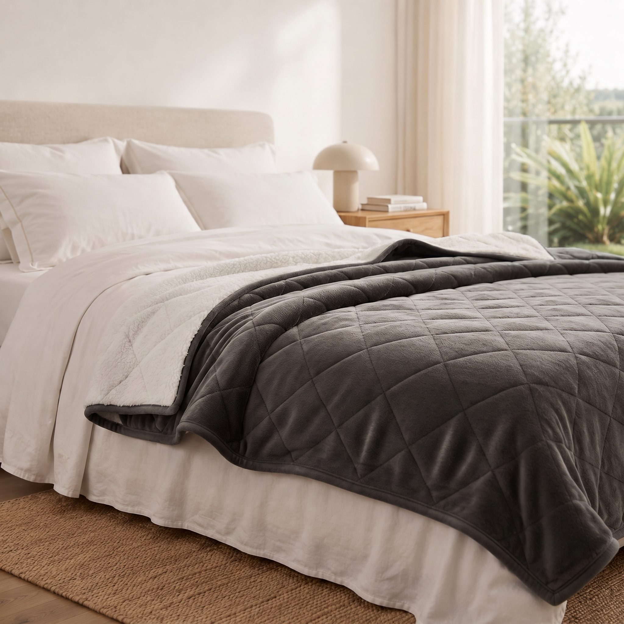 Quiete Notturna weighted sherpa blanket in Antracite charcoal draped across a bright bedroom bed