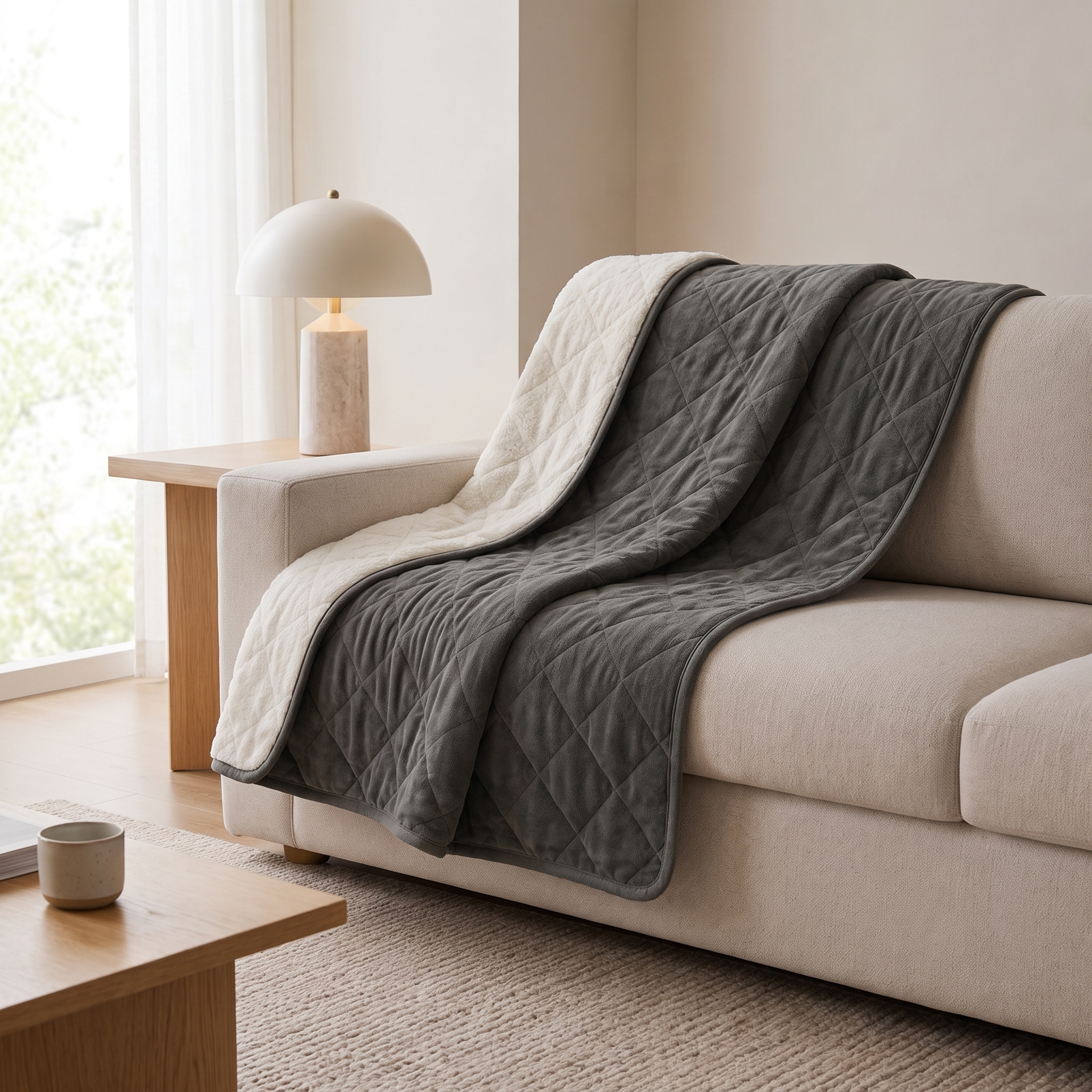 Antracite charcoal weighted sherpa blanket draped over a cream sofa in a living room