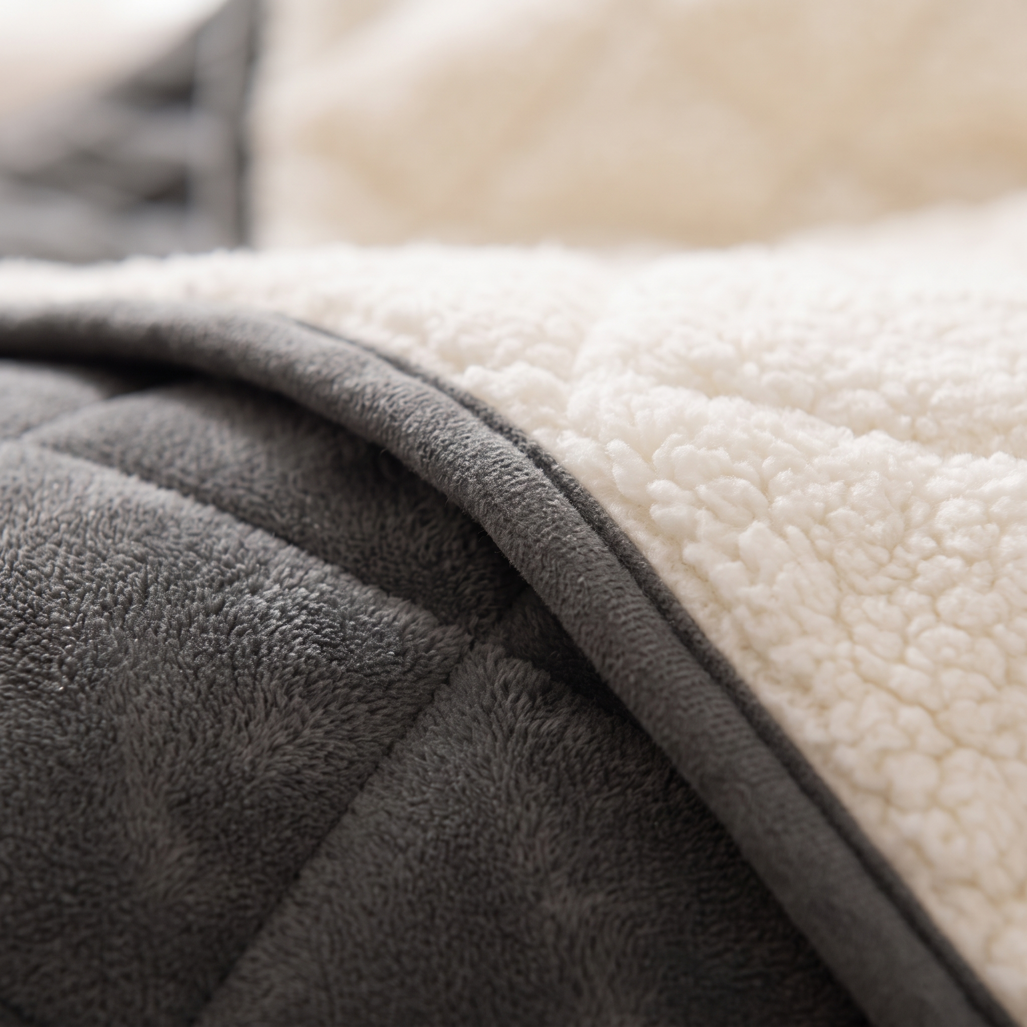 Close-up of the reversible weighted blanket quilted velvet and sherpa fleece with piped edge