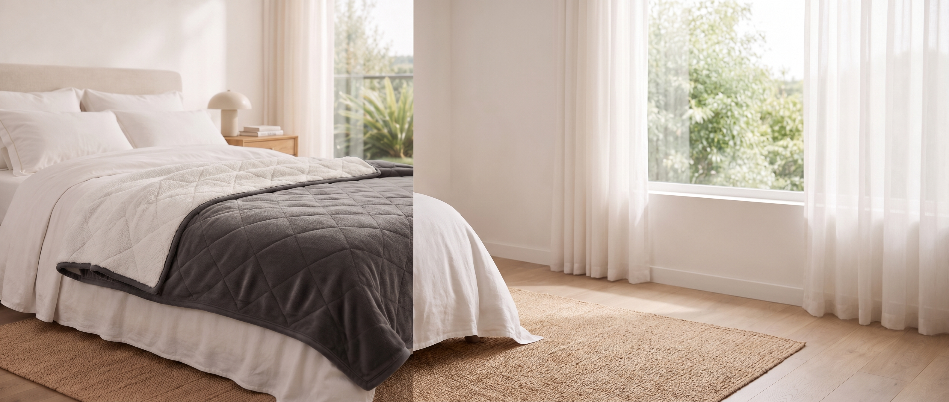 Quiete Notturna weighted sherpa blanket banner - reversible velvet and sherpa blanket in a bright bedroom