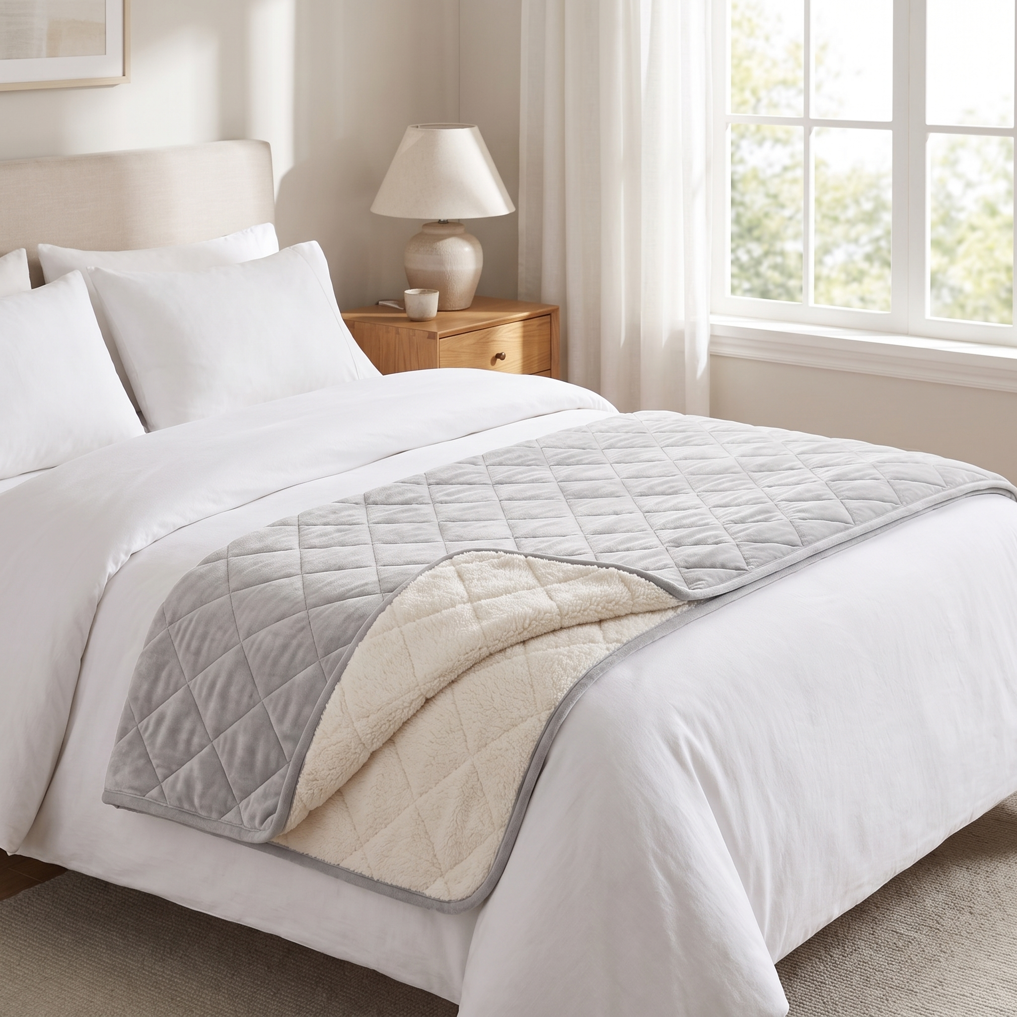 Grigio Perla dove grey weighted sherpa blanket draped across a bright bedroom bed