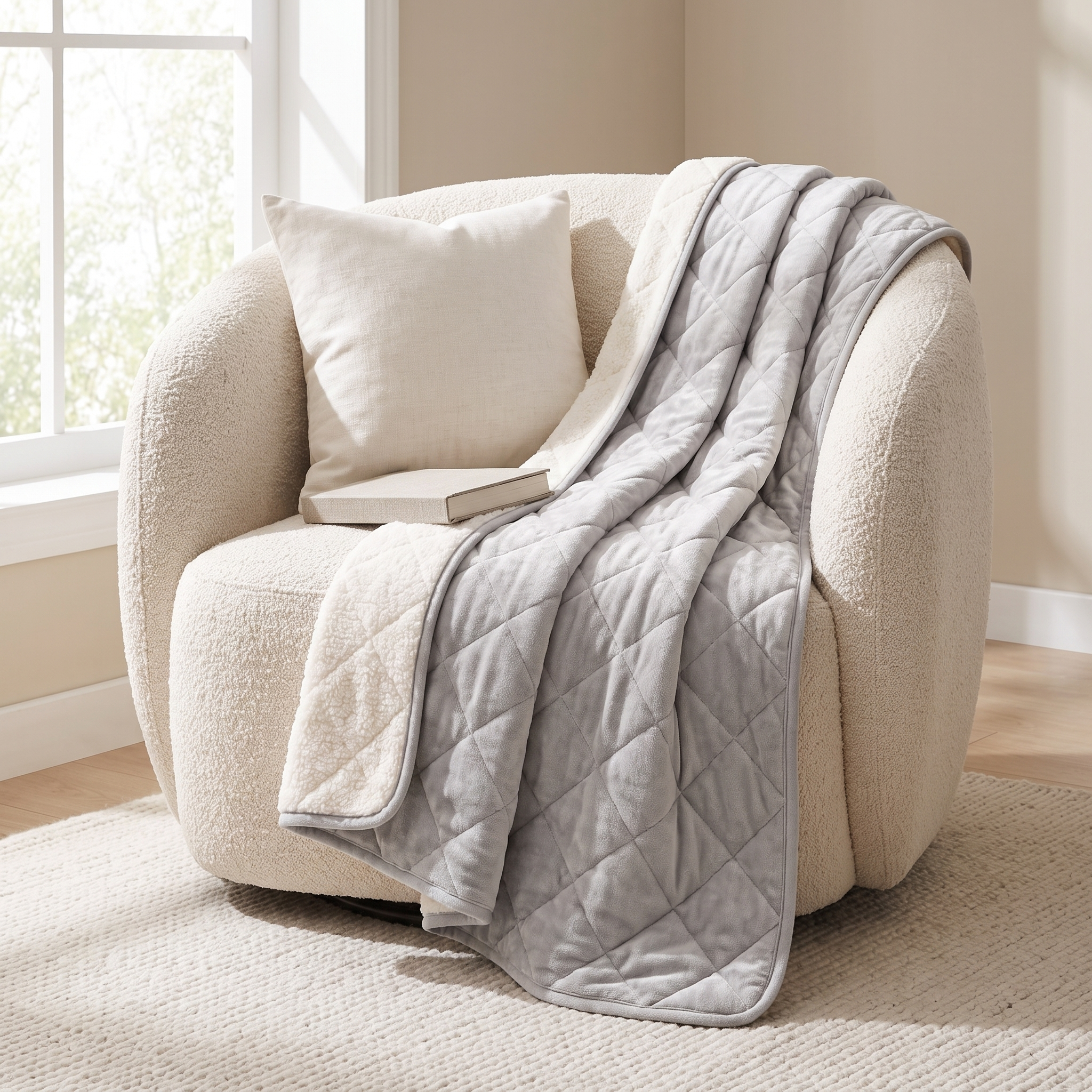 Grigio Perla dove grey weighted sherpa blanket over a boucle reading armchair