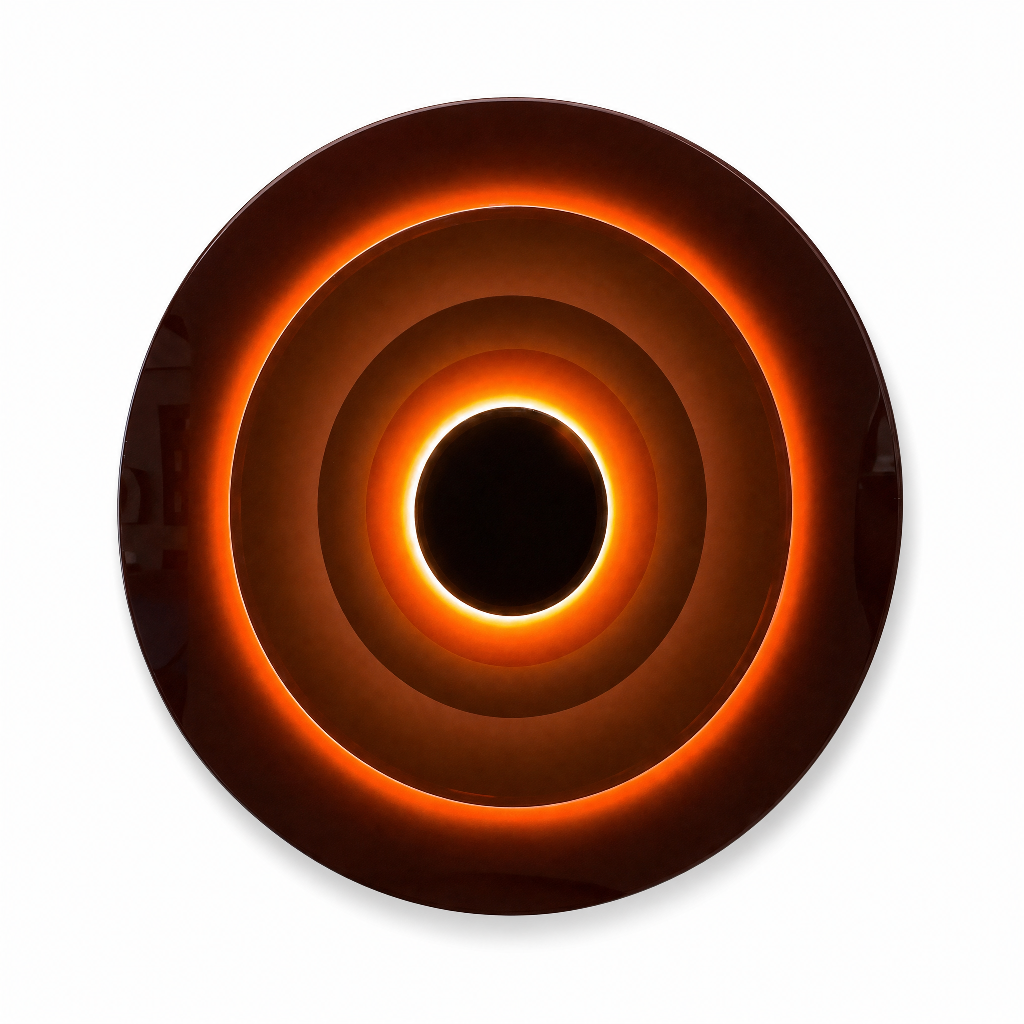 Tramonto Dorato illuminated ring wall light, concentric bronze rings with warm amber glow, studio