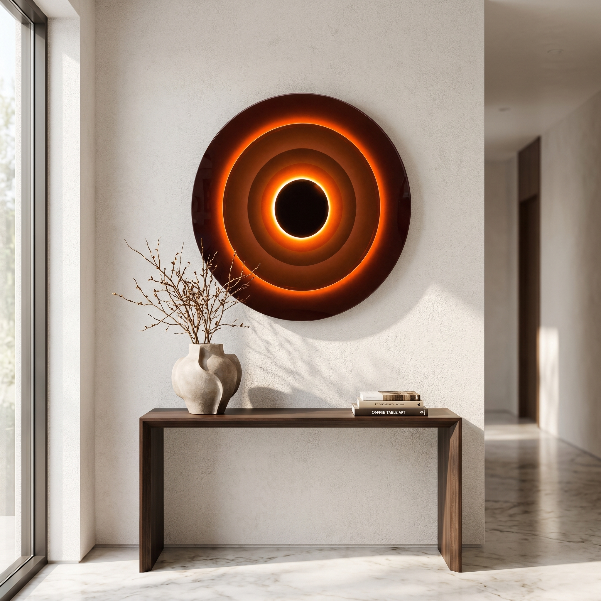 Ring wall light glowing warm amber above a console in a bright entryway hallway