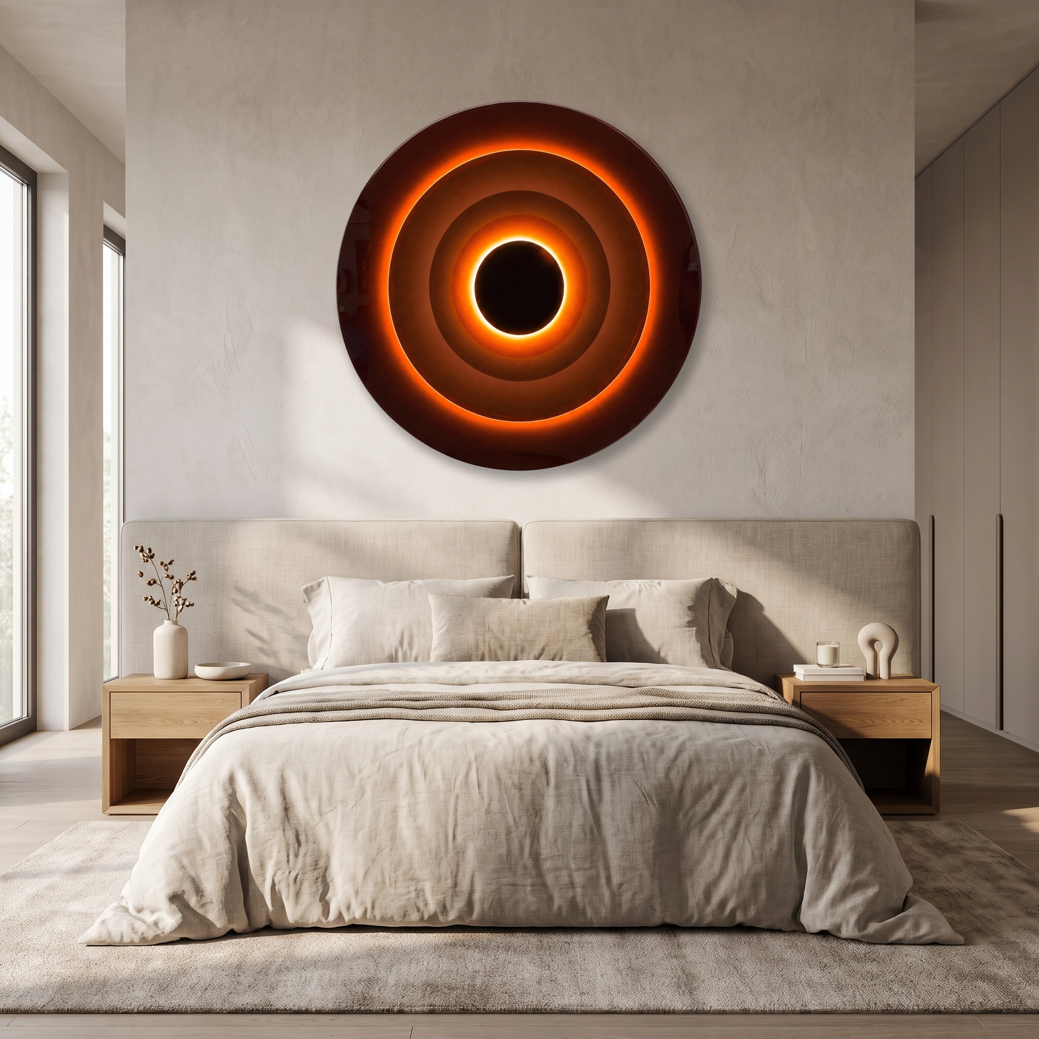 Illuminated ring wall light above an upholstered bed headboard in a bright bedroom