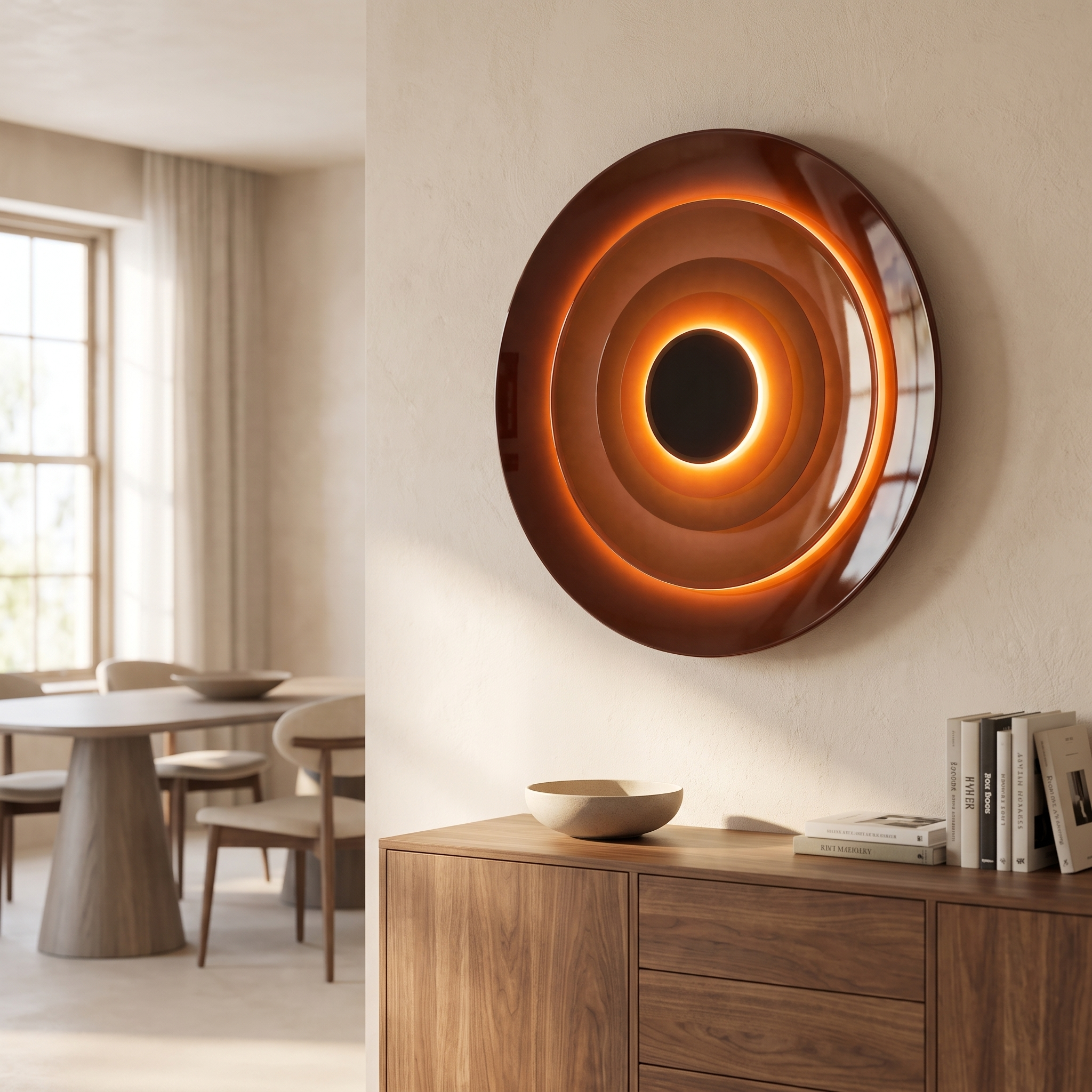 Ring wall light glowing warm amber above a sideboard in a bright modern dining area