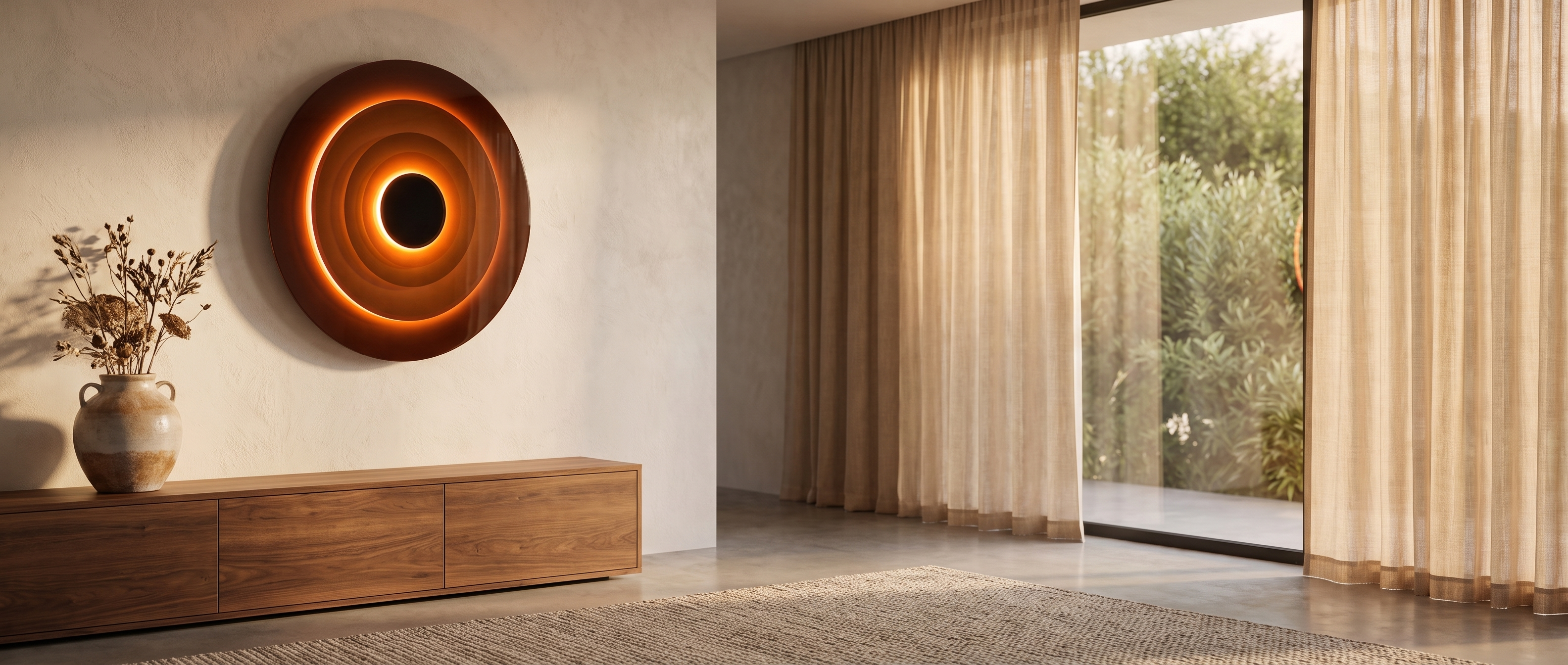Tramonto Dorato illuminated ring wall light banner - warm amber glow in a bright interior