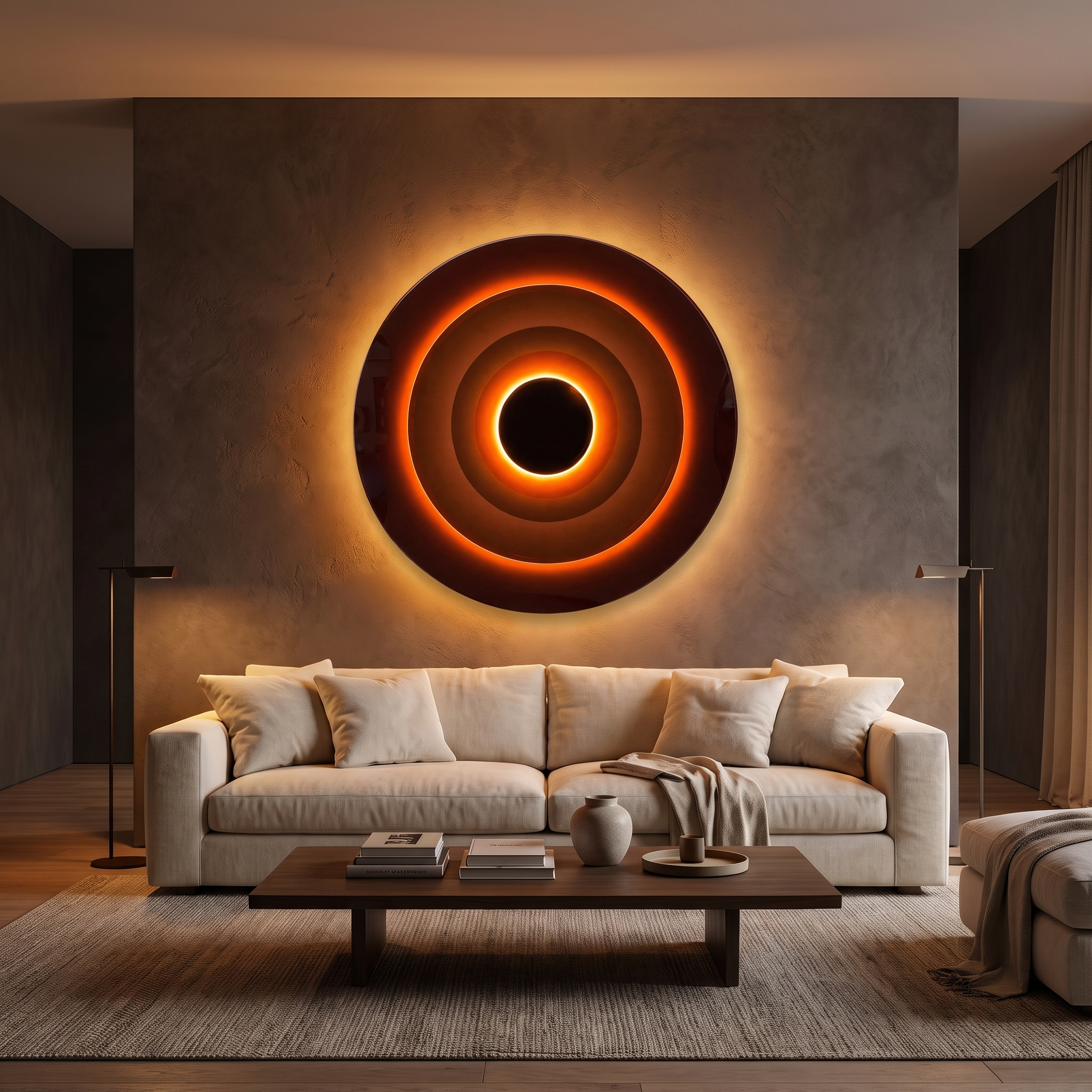 Illuminated ring wall light glowing warm amber as the ambient centerpiece of a softly-lit living room