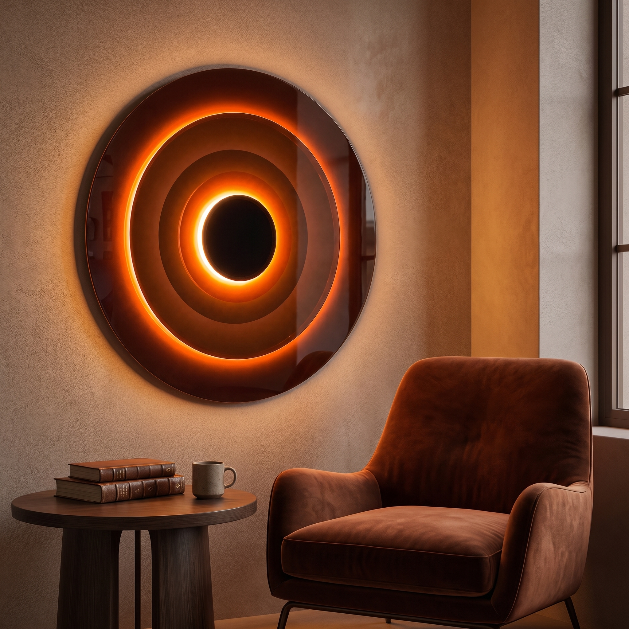 Illuminated ring wall light glowing warm above a lounge chair in a softly-lit reading corner