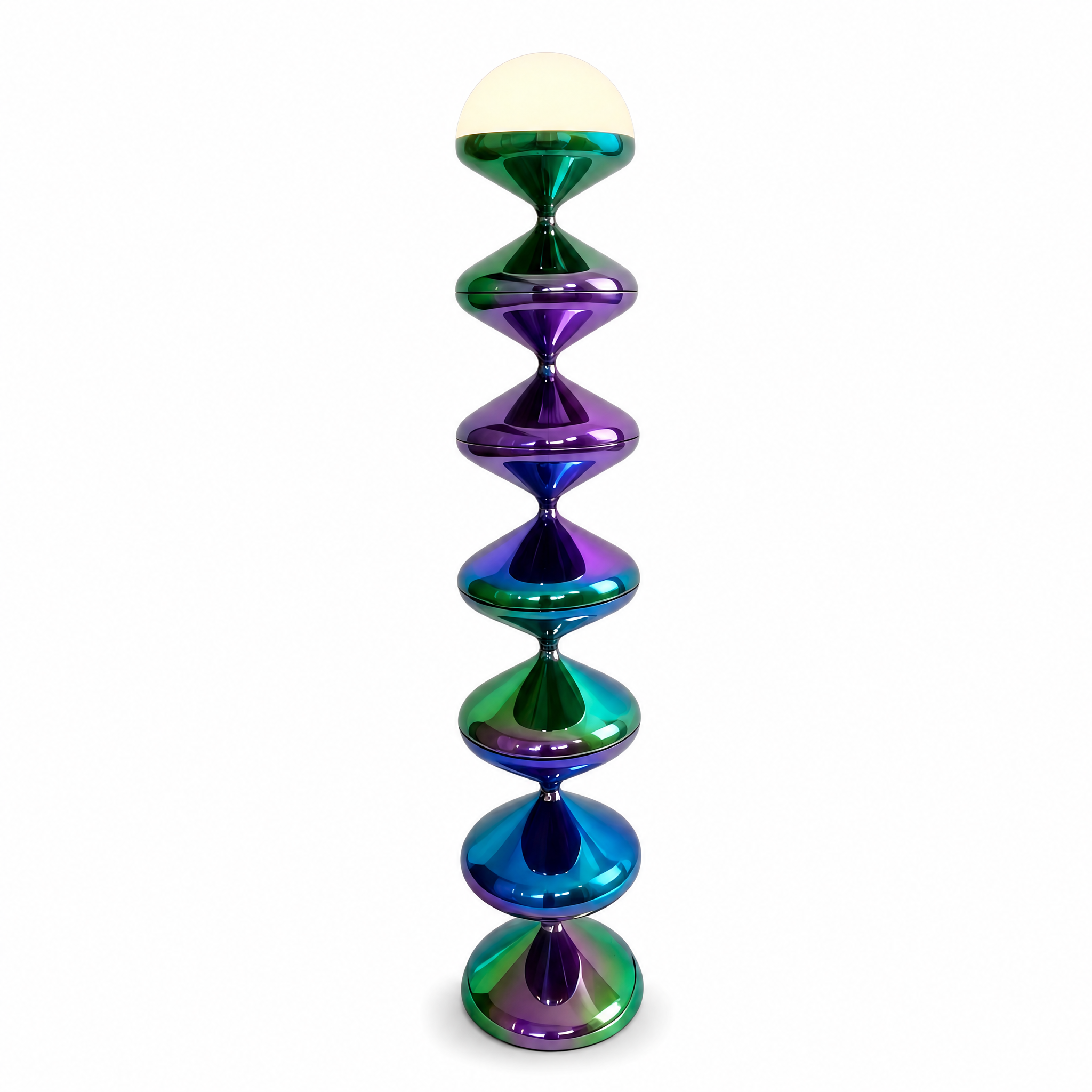 Onda Verticale sculptural floor lamp in Aurora Prism iridescent finish, frosted dome, studio