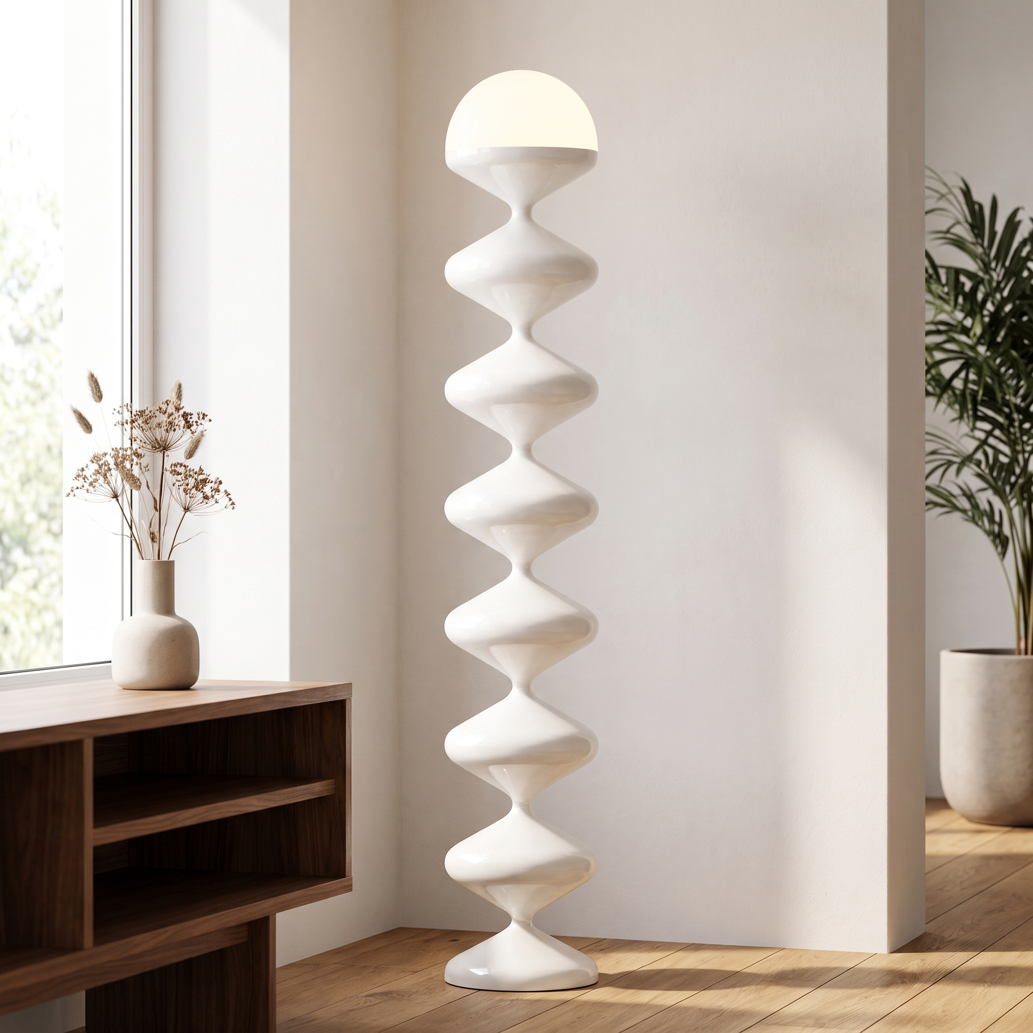 White sculptural floor lamp in a bright minimalist corner beside a console