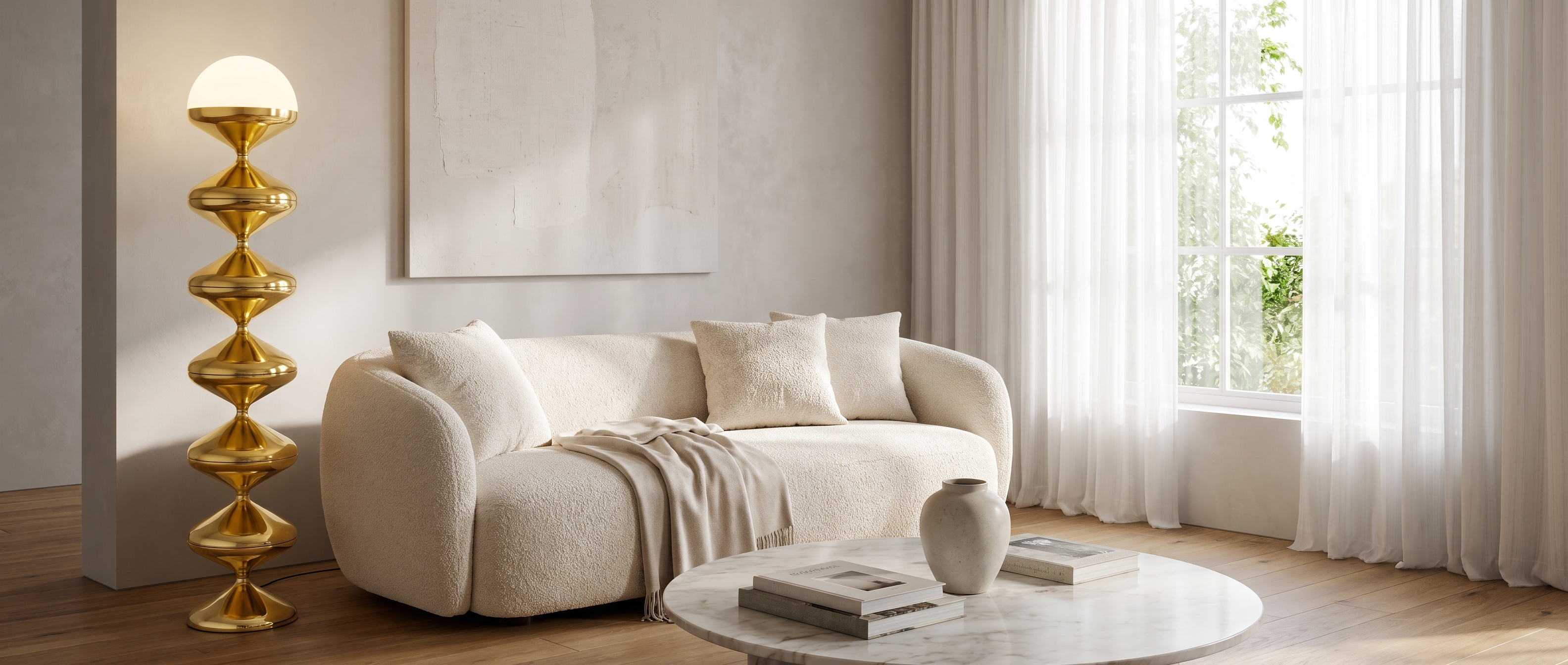 Onda Verticale sculptural floor lamp banner - gold lamp glowing warm in a bright living room
