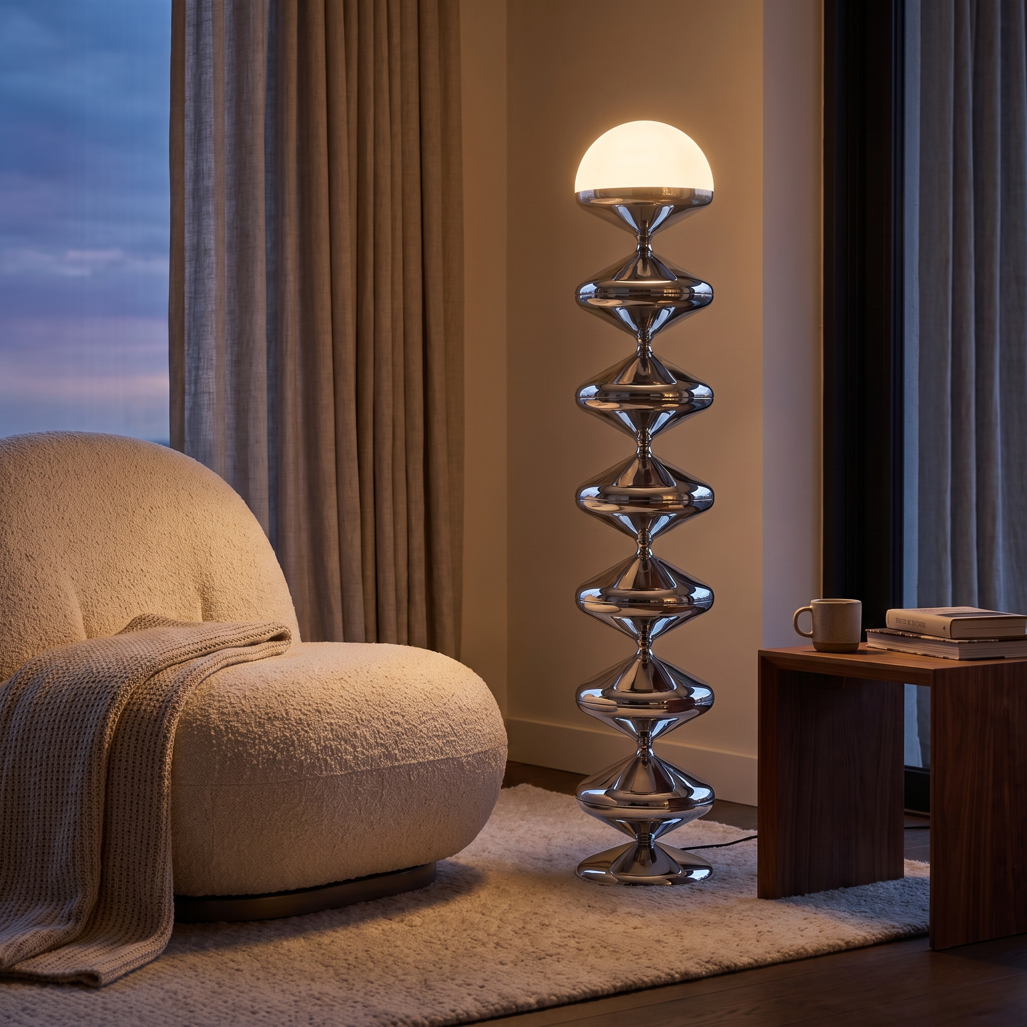 Chrome silver sculptural floor lamp glowing warm in a softly-lit twilight reading corner