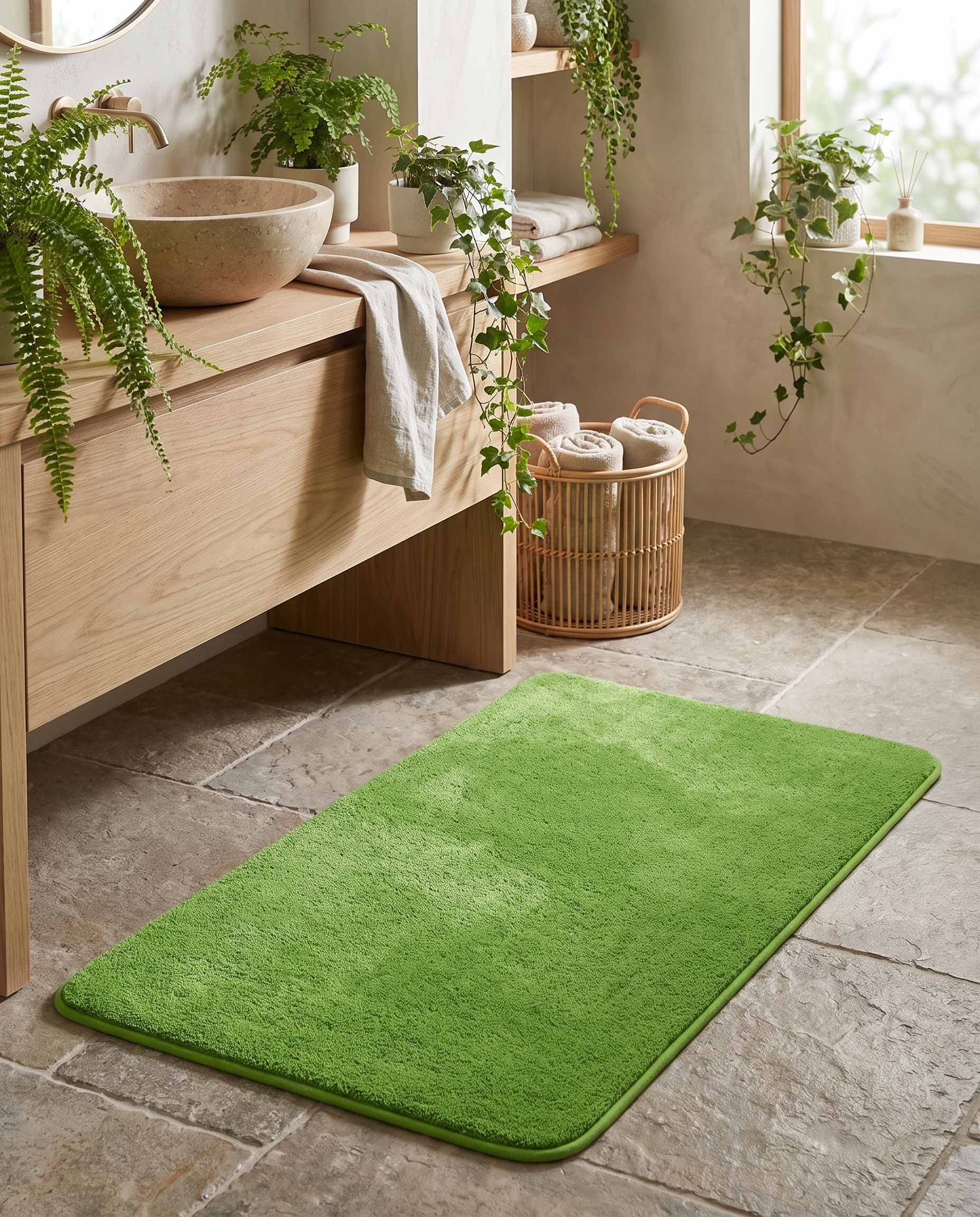 Piuma Soffice green bath mat by a wood vanity in a botanical bathroom