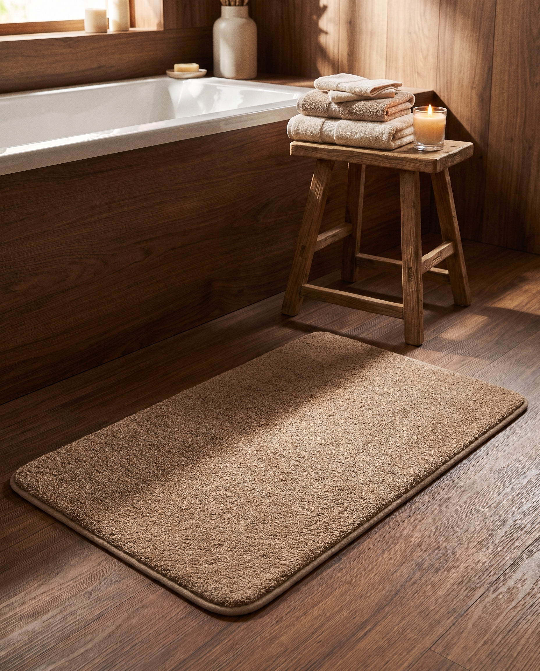 Piuma Soffice brown bath mat in a warm wood-panelled bathroom