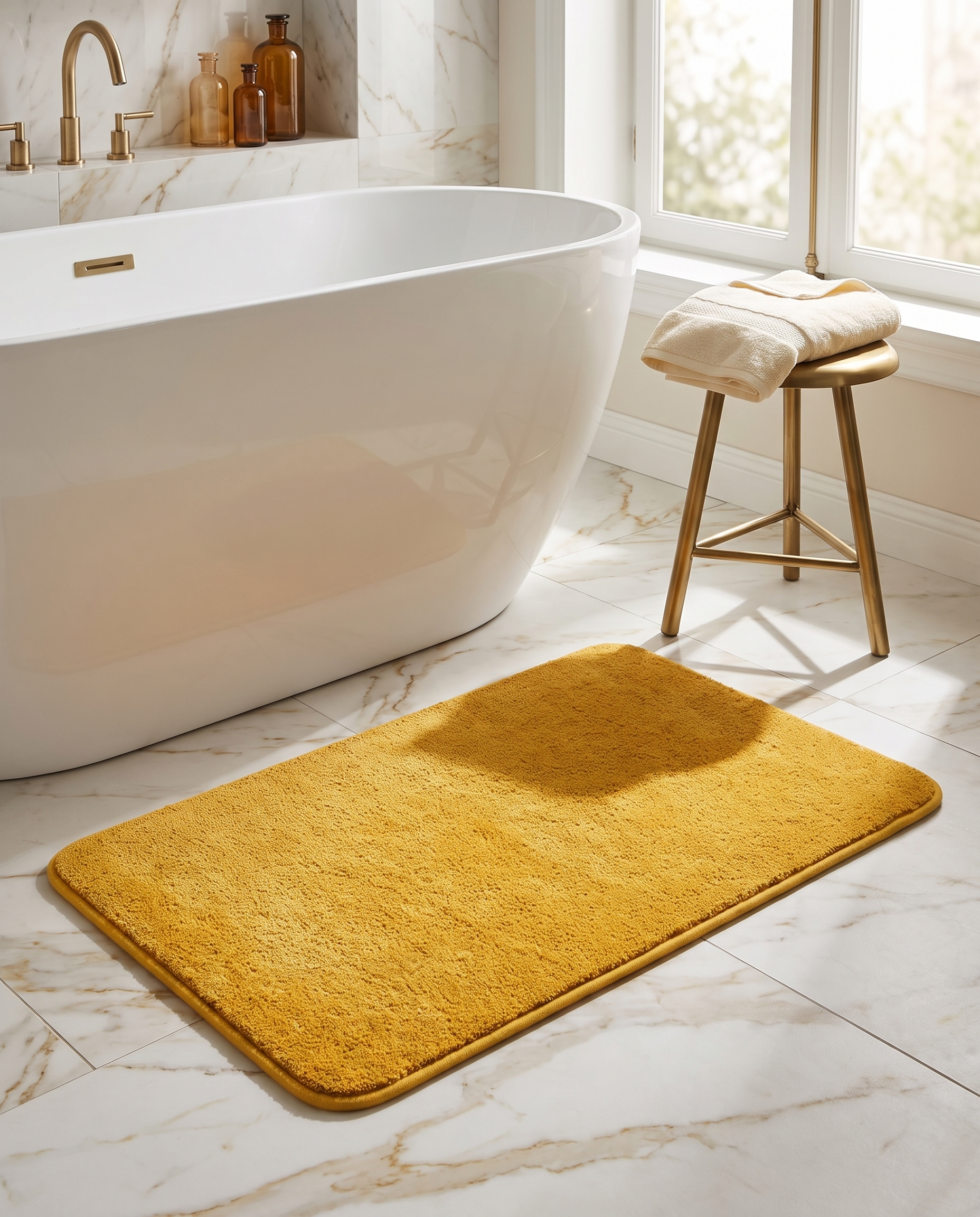 Gold Piuma Soffice bath mat in a luxe marble bathroom