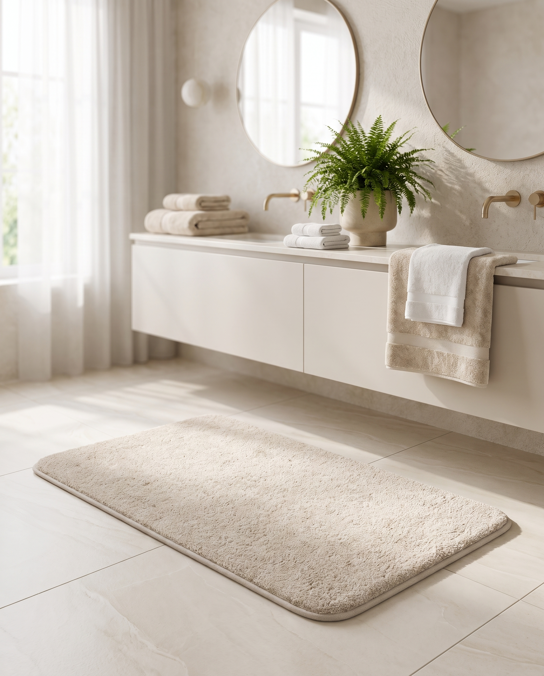 Piuma Soffice beige bath mat by a double vanity