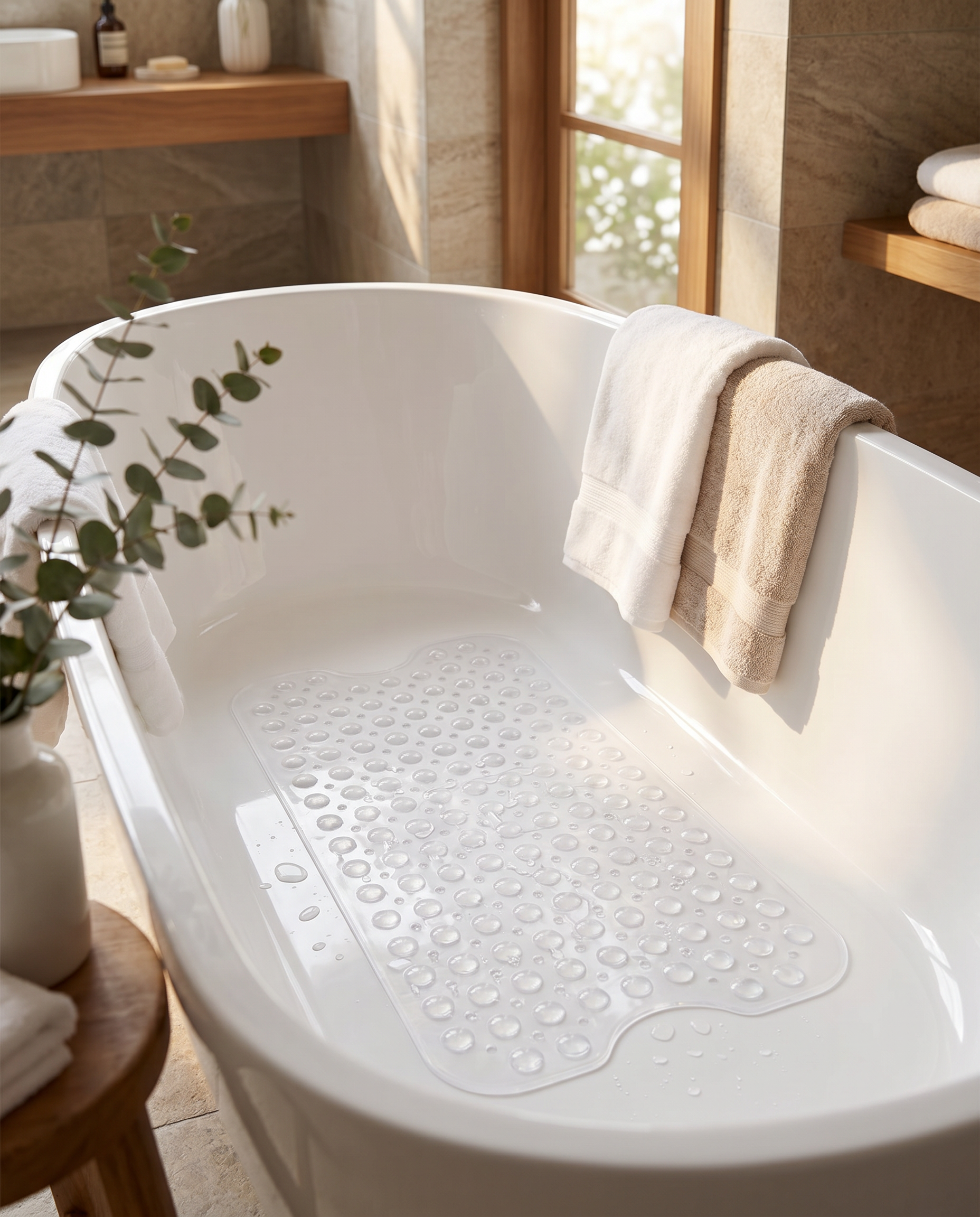 Transparent Onda Sicura silicone mat inside a freestanding tub