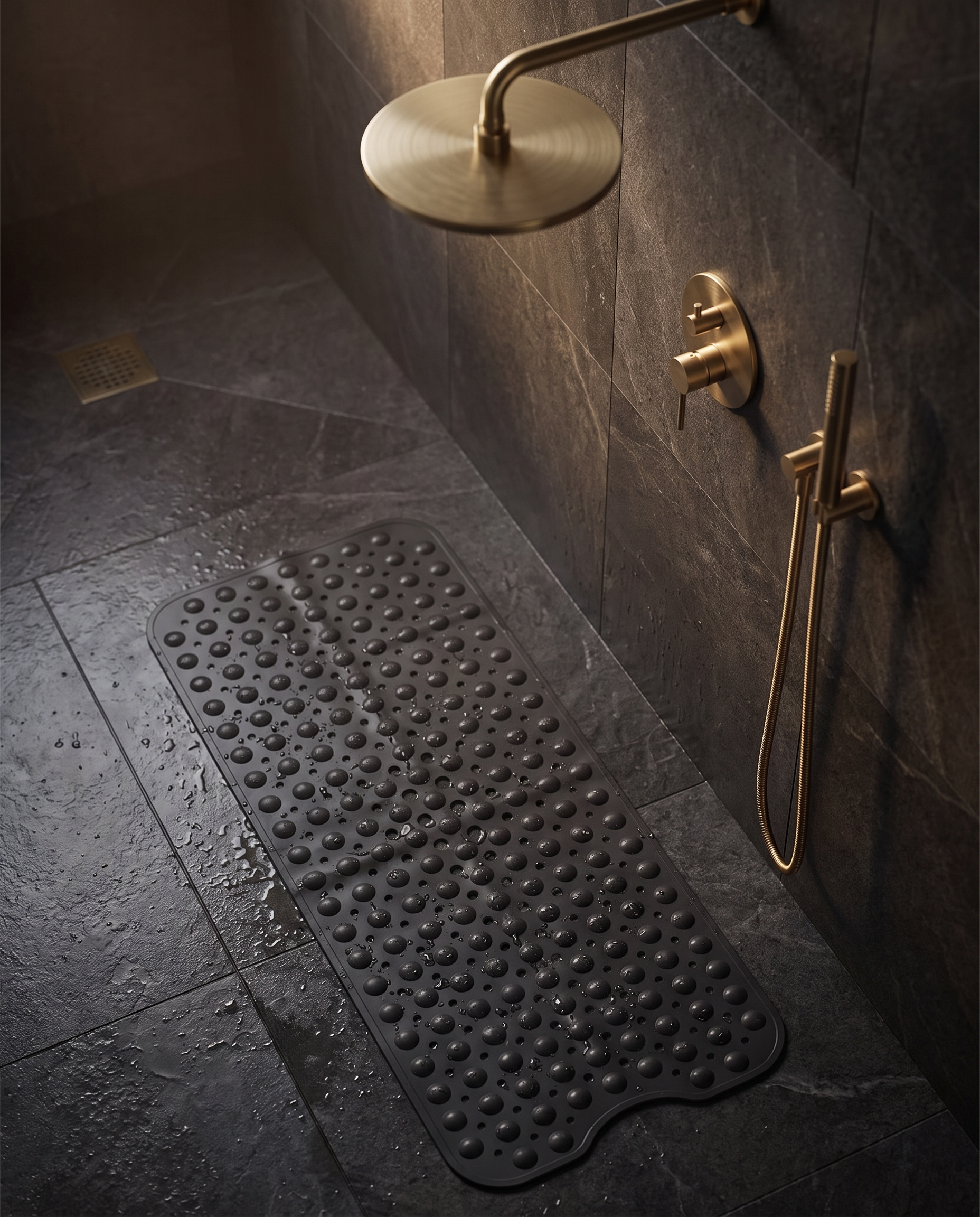 Black Onda Sicura silicone mat in a luxe walk-in shower
