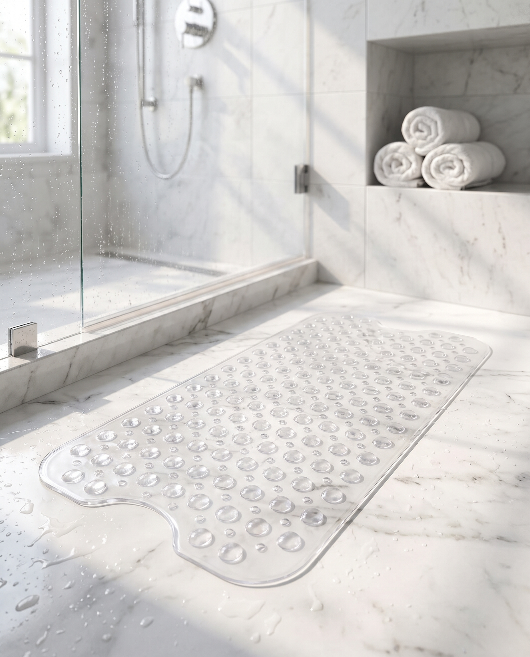 Onda Sicura transparent silicone mat on a marble walk-in shower floor