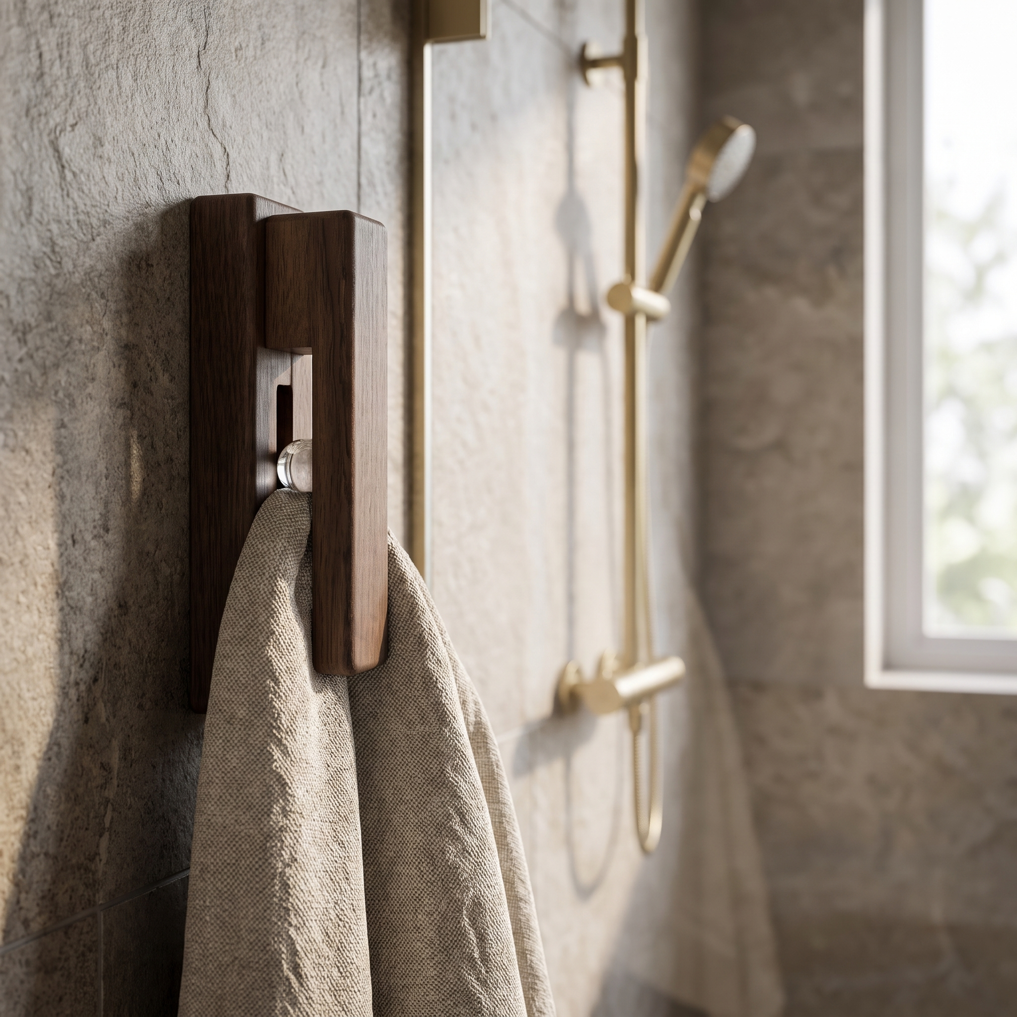 Sfera Serena walnut towel hook beside a walk-in shower