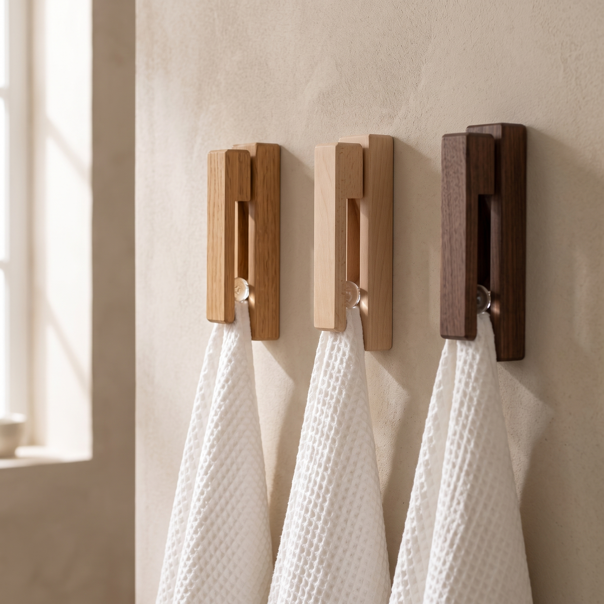 Three Sfera Serena towel hooks in oak, beech and walnut in a row