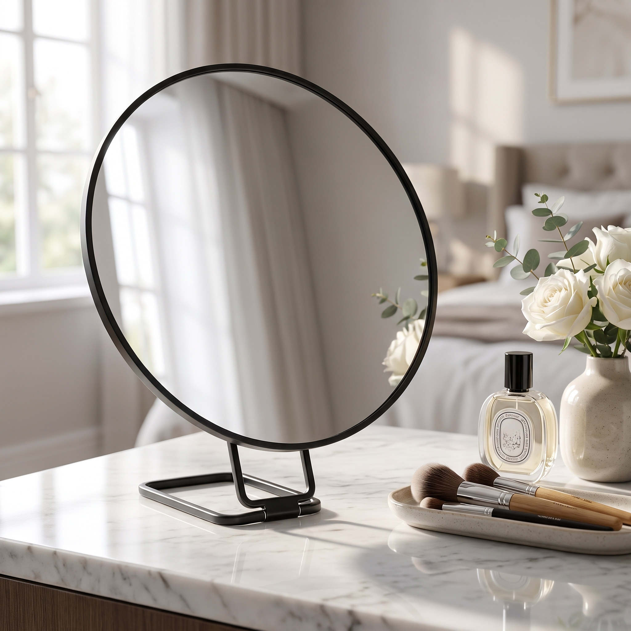 Chiara Vista black makeup mirror on a marble vanity with brushes and flowers