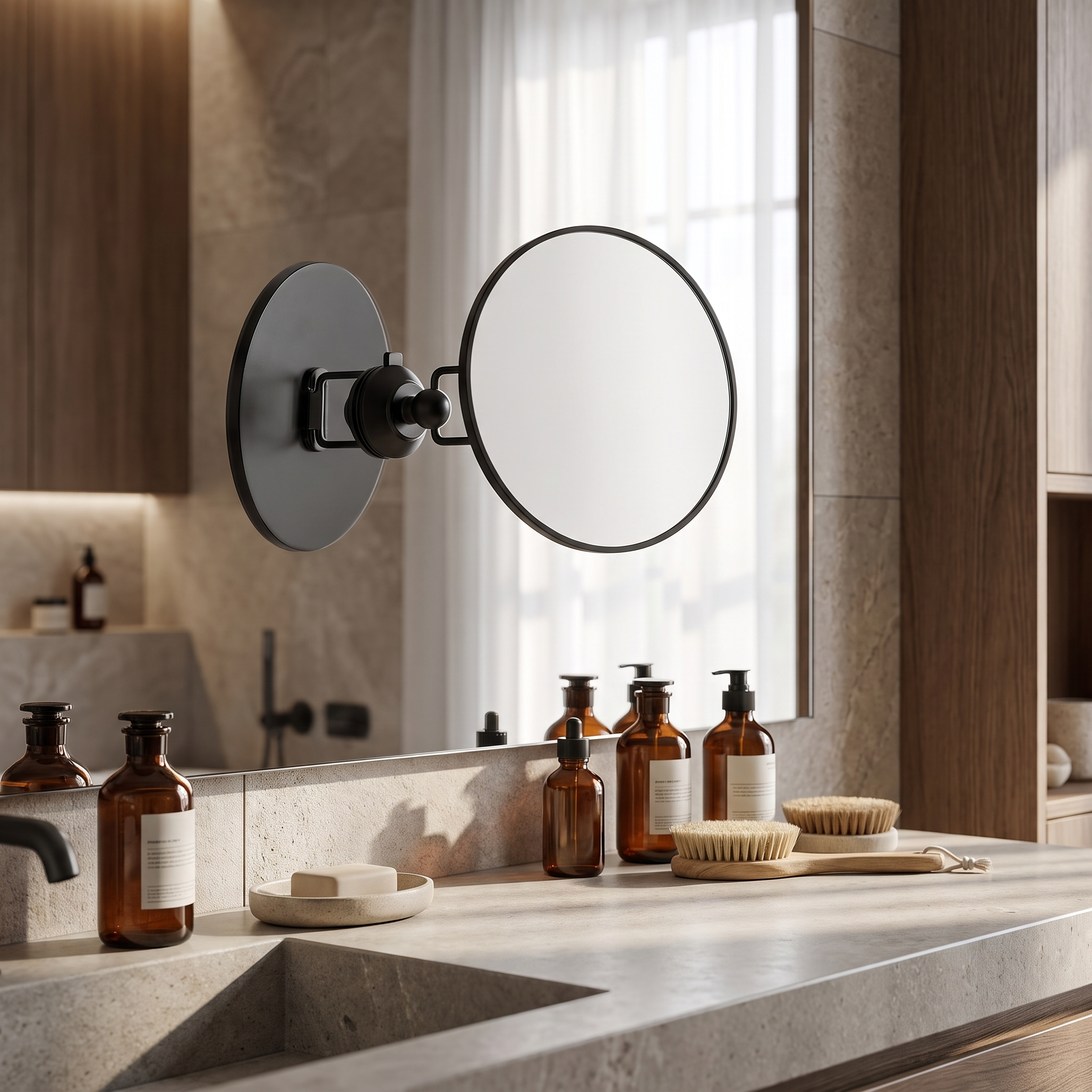Chiara Vista makeup mirror suction-mounted on a bathroom mirror