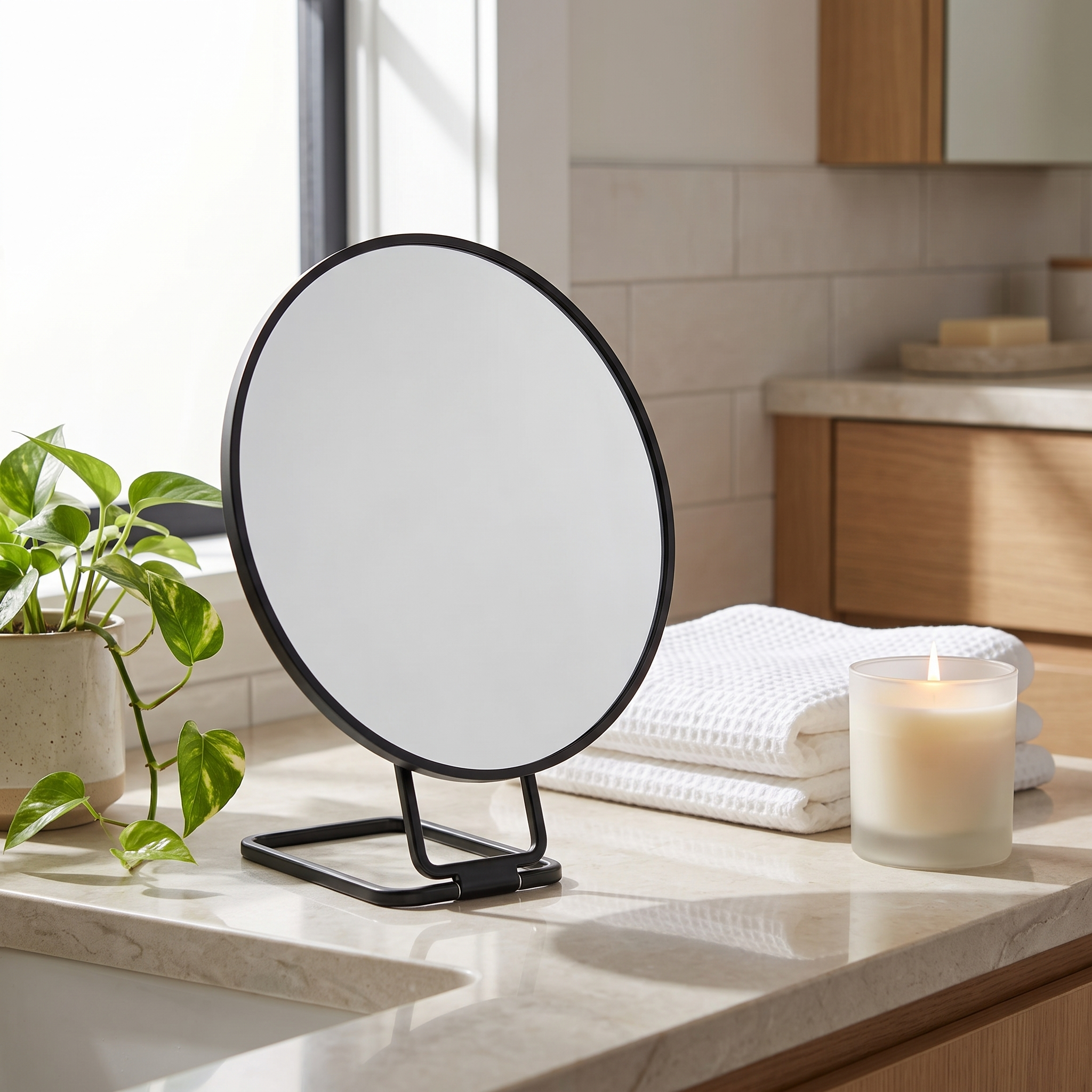 Chiara Vista black makeup mirror on a spa-like bathroom counter
