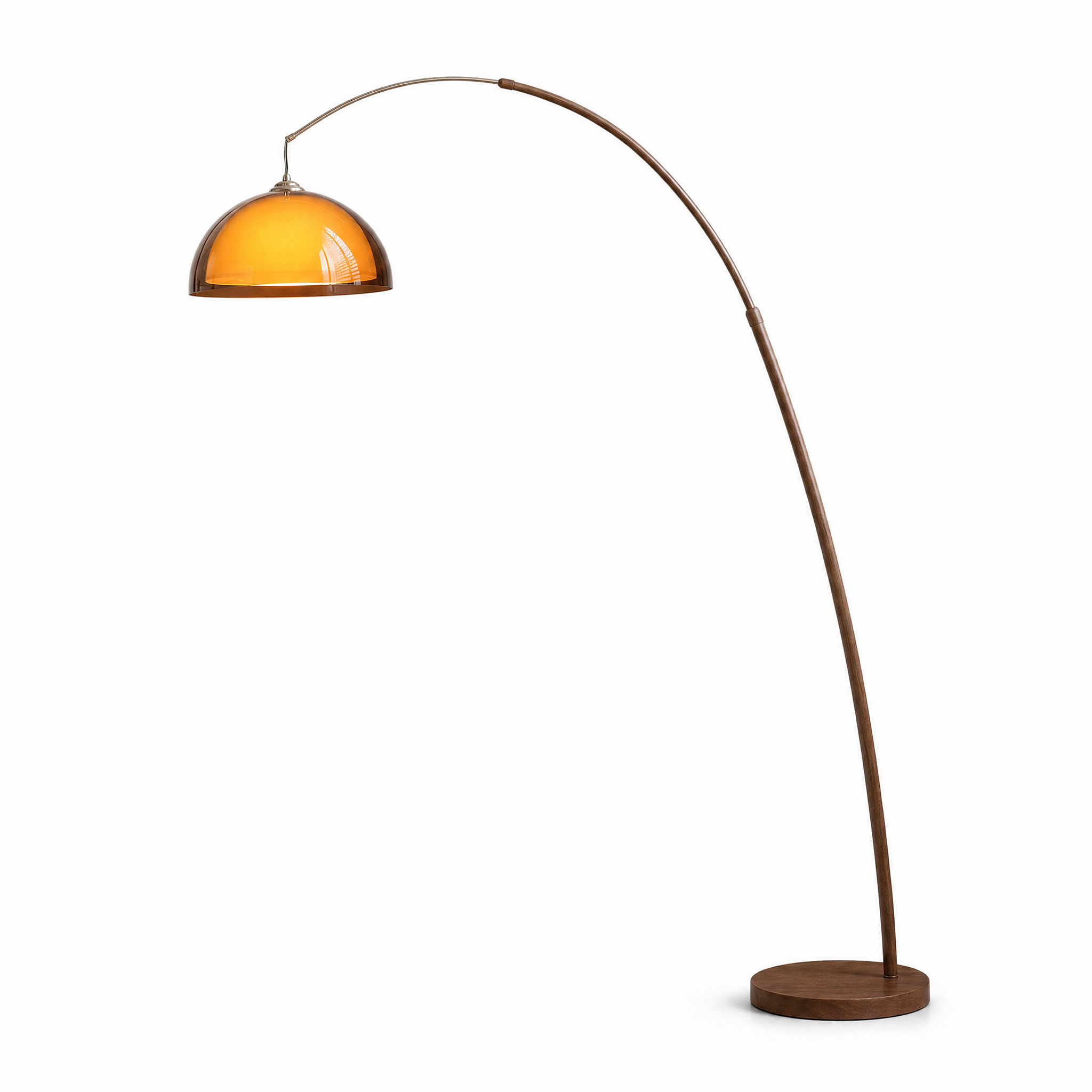 Ventoro walnut arc floor lamp with a glowing amber dome shade on a white background