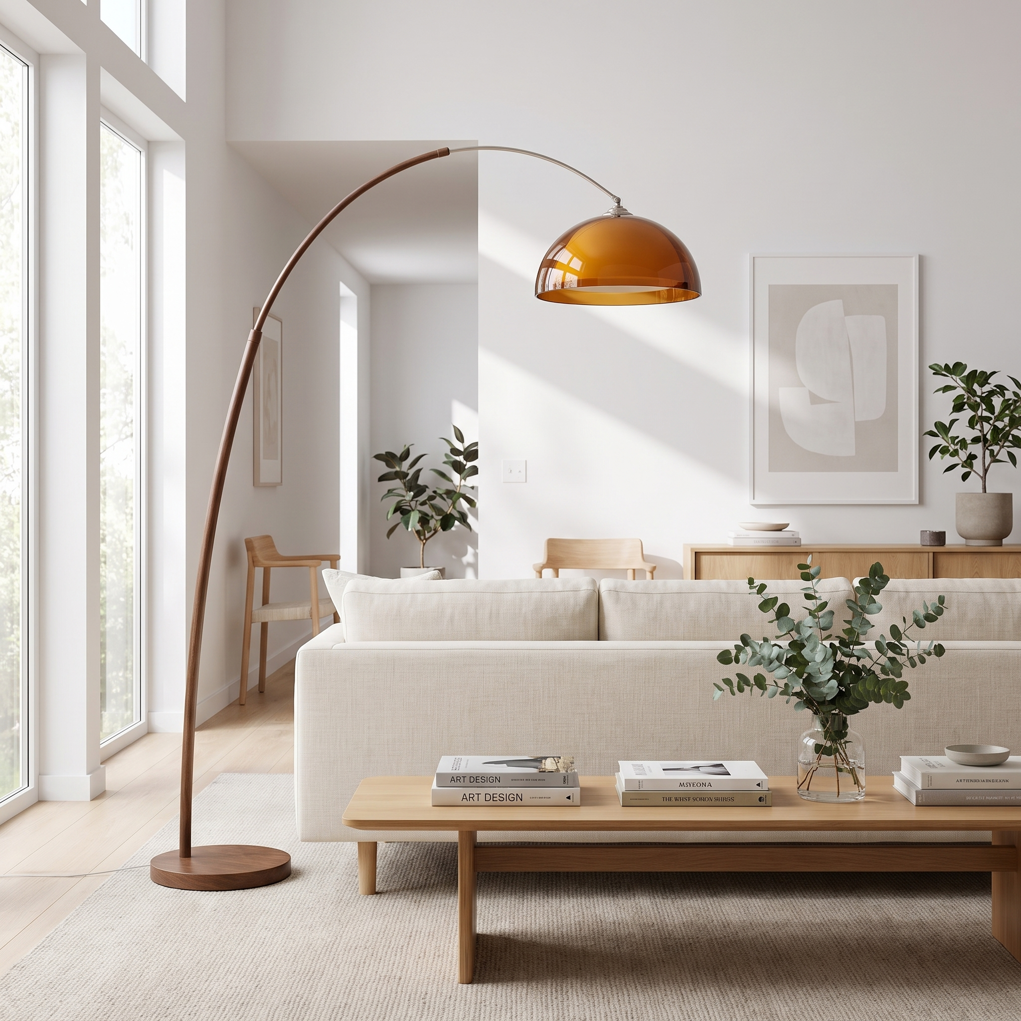 Ventoro arc floor lamp arcing over a cream linen sofa in a bright living room