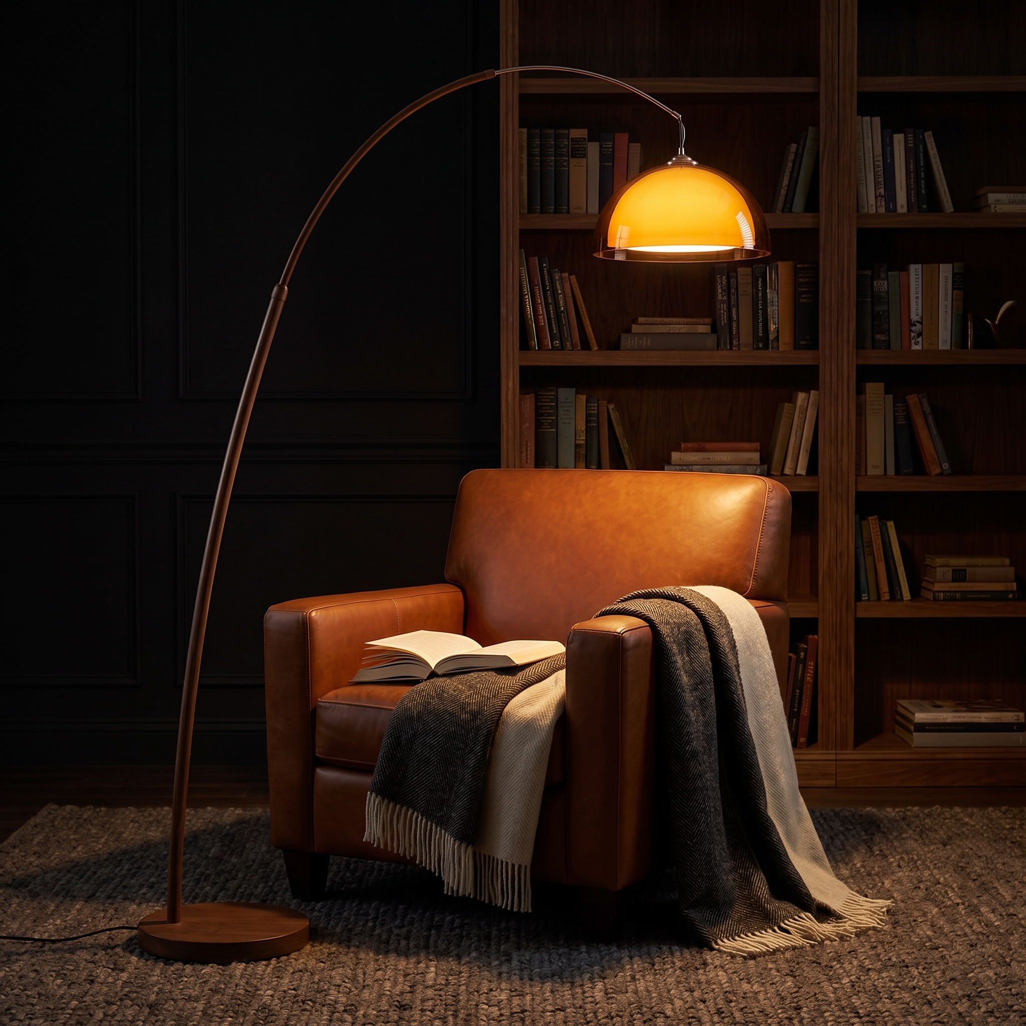 Ventoro arc floor lamp glowing over a cognac leather armchair in a cozy reading nook