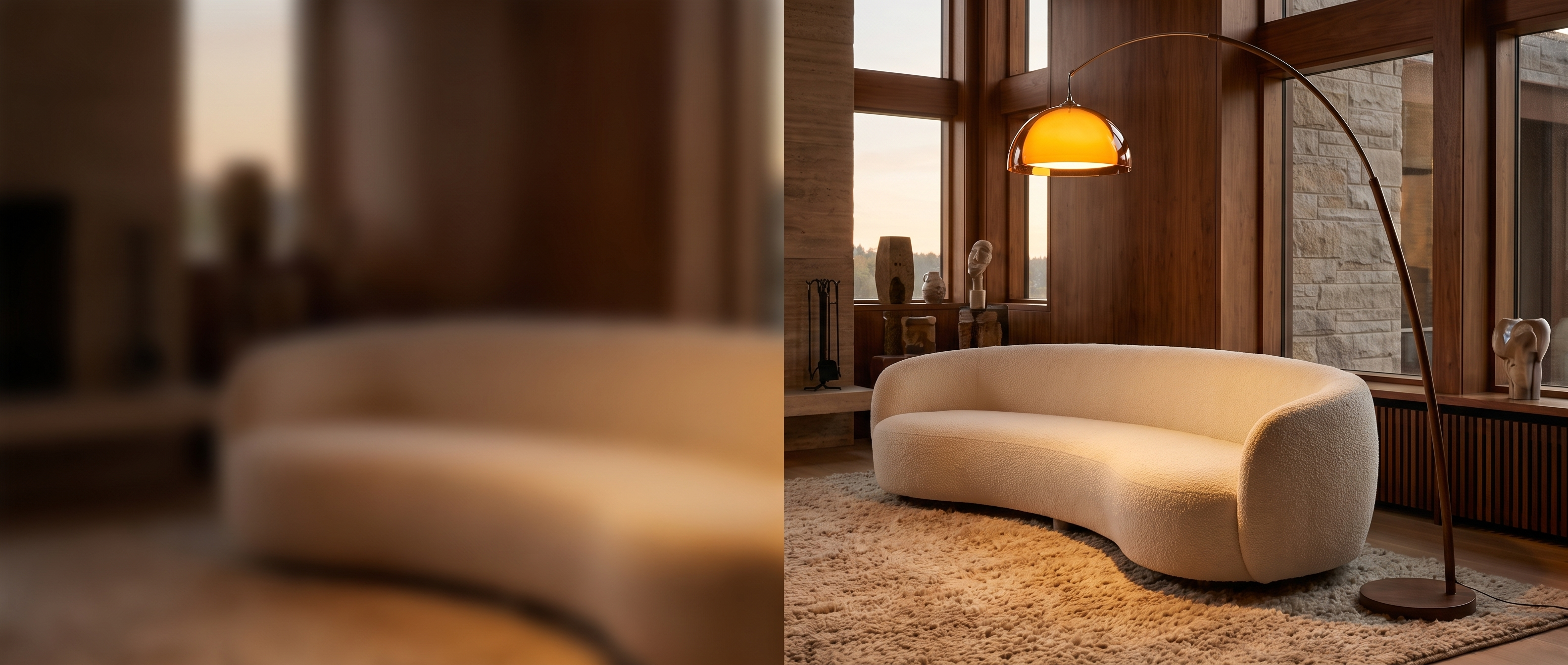 Ventoro walnut arc floor lamp glowing warm amber over a living room at dusk