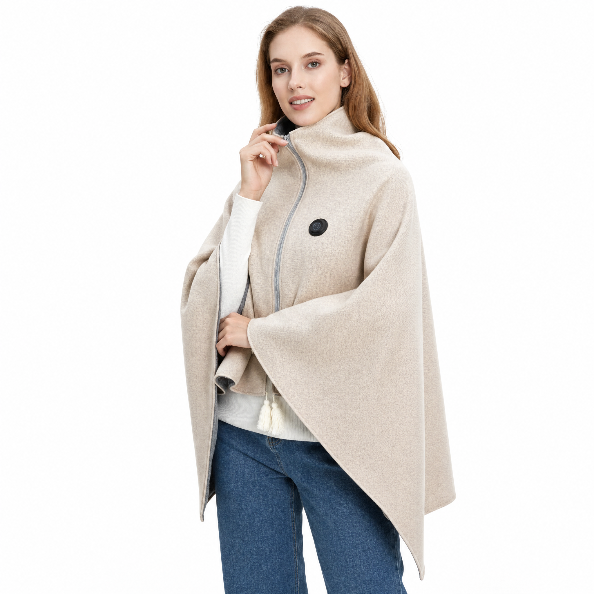 Abbraccio heated shoulder wrap in Albicocca cream on a white background